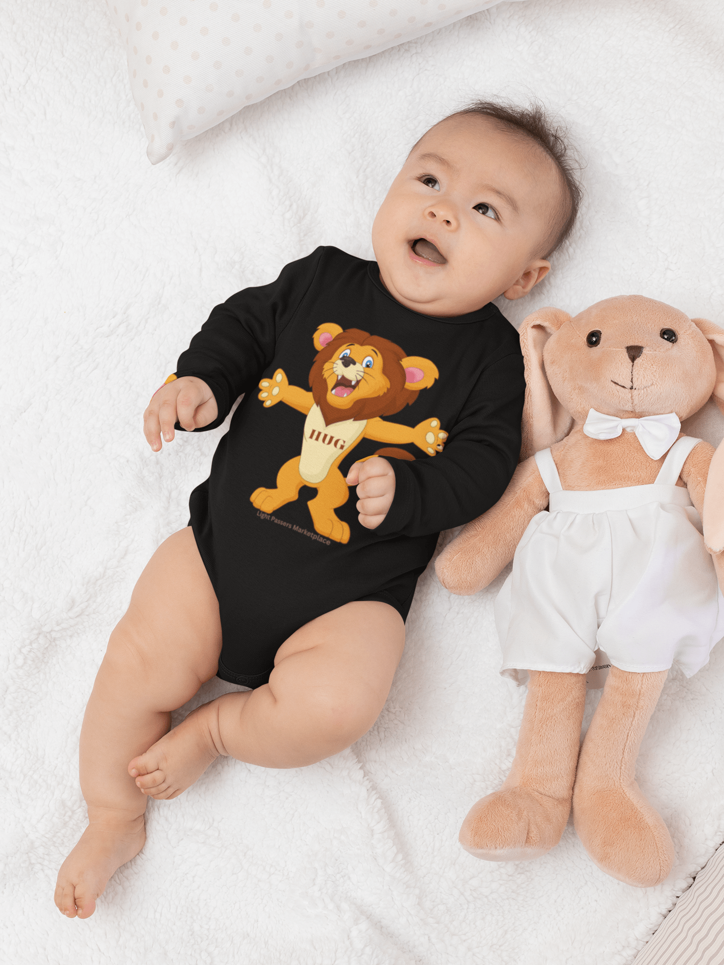 Lion Hug Baby Infant Long Sleeve Onesie Bodysuit on baby next to a stuffed animal, showcasing soft fabric and convenient snap closures for easy changing.