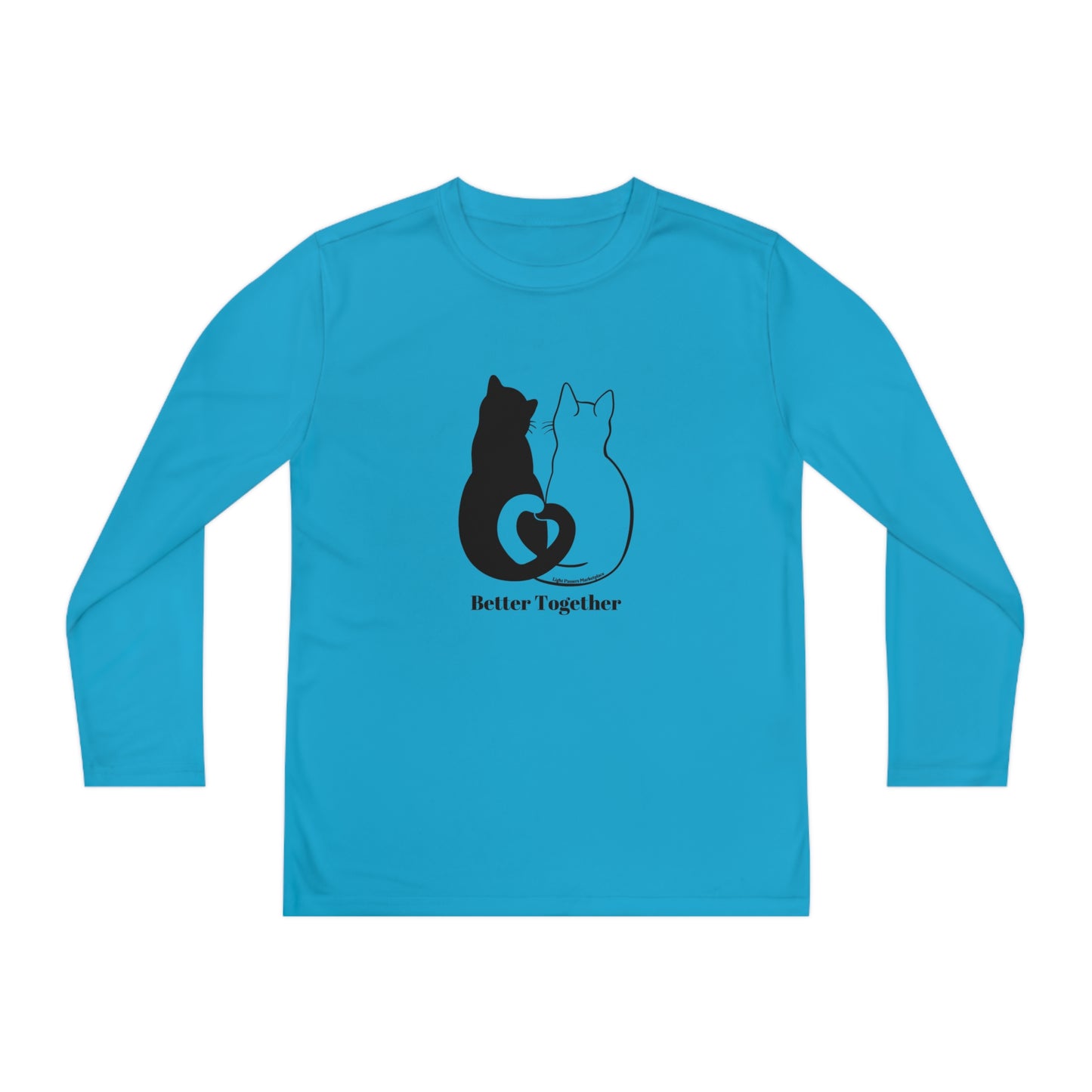 Youth Long Sleeve 2 Cats Heart Love Tails shirt featuring intertwined black and white cat tails forming a heart, perfect for cat lovers and kids.