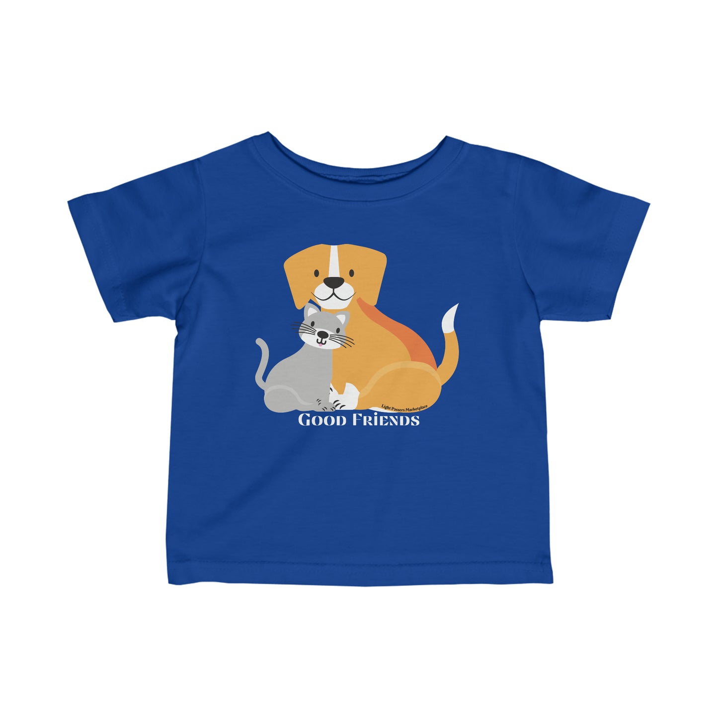Infant fine jersey tee featuring a cartoon dog and cat design. Side seams for shape support, ribbed knitting for durability, and taped shoulders for a comfy fit. 100% Combed ringspun cotton.