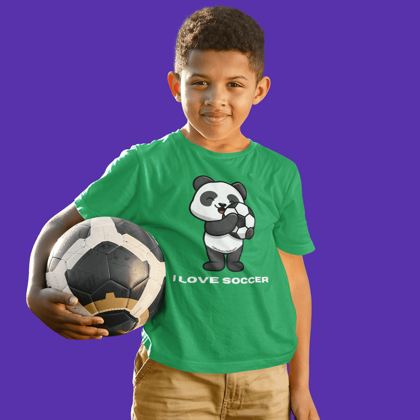 Teams Panda I Love Soccer Youth T-shirt featuring a boy holding a soccer ball, showcasing a cute panda design, suitable for young soccer fans.