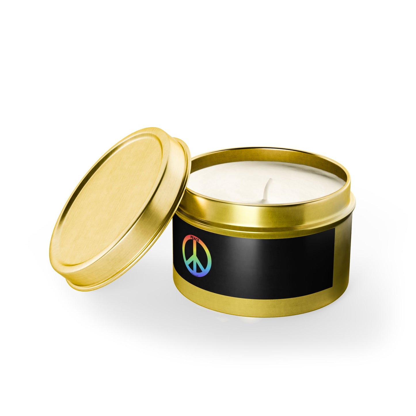 Tin Candle - Peaceful Relaxation Aroma Cool Stuff Home and Living: Gold and black tin candle with a lid, ideal for creating a relaxing atmosphere.