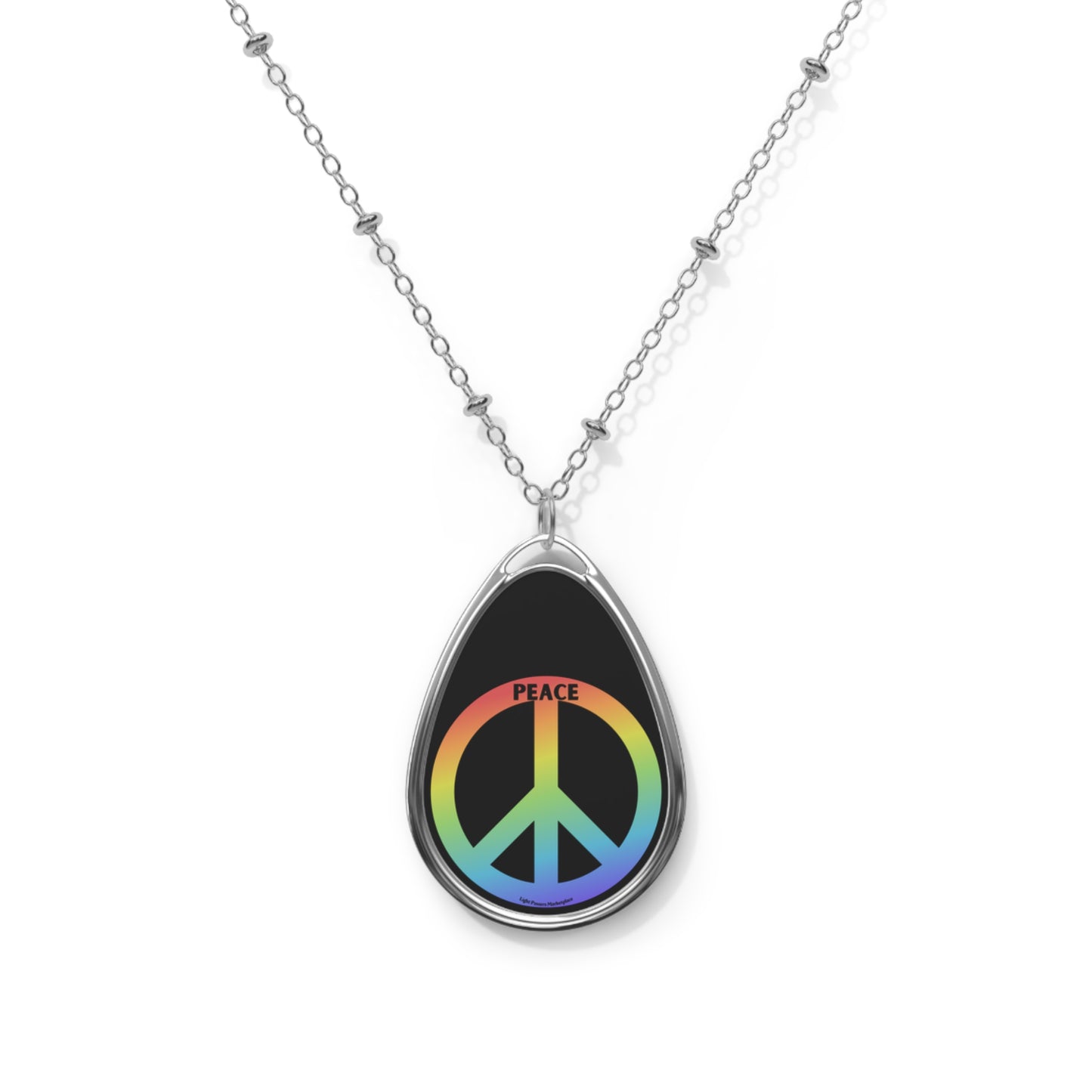 Peace Necklace with silver chain and oval pendant, showcasing a vibrant peace symbol. Features a glossy finish and secure lobster clasp. Ideal for promoting unity.
