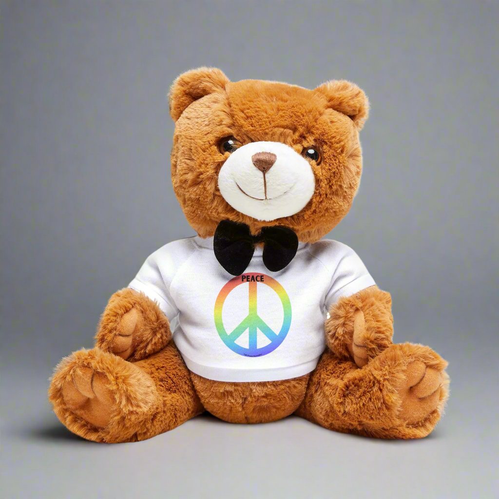 Plush Peace Teddy Bear with a bow tie, wearing a removable white shirt featuring a rainbow peace sign, perfect for gifting.