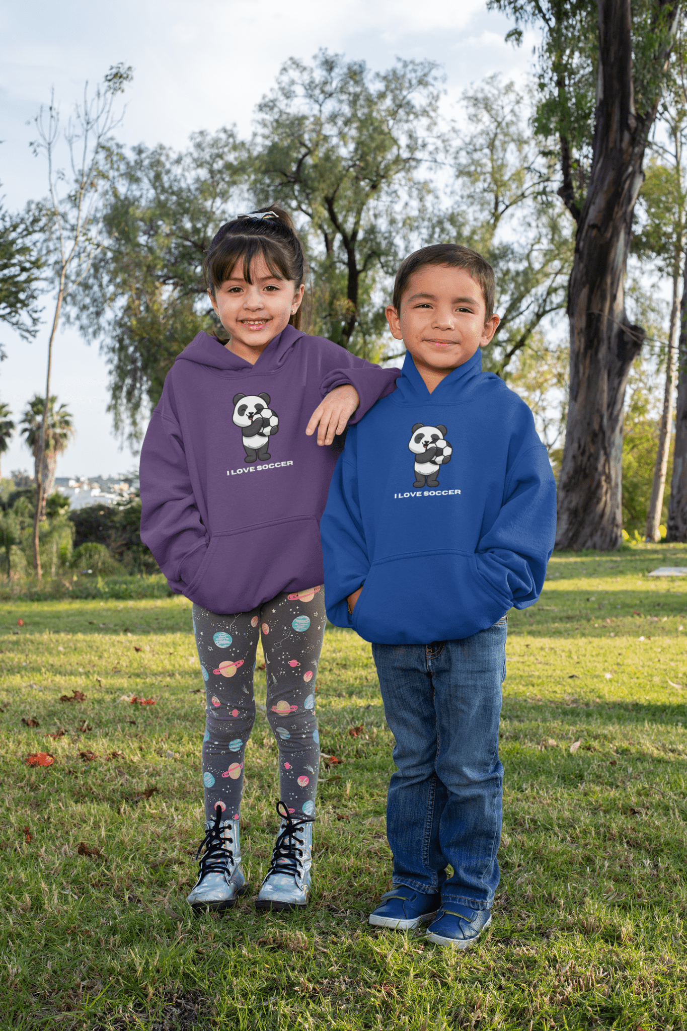 A personalized toddler hoodie featuring a panda playing soccer, with jersey-lined hood, cover-stitched details, and side seam pockets for lasting comfort and durability.