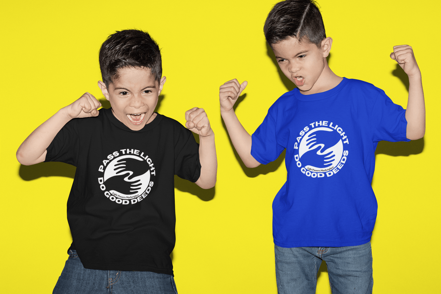 Two boys wear matching The Light Love and Peace Love Others Do Good Deeds youth t-shirts, showcasing a classic fit and durable design.