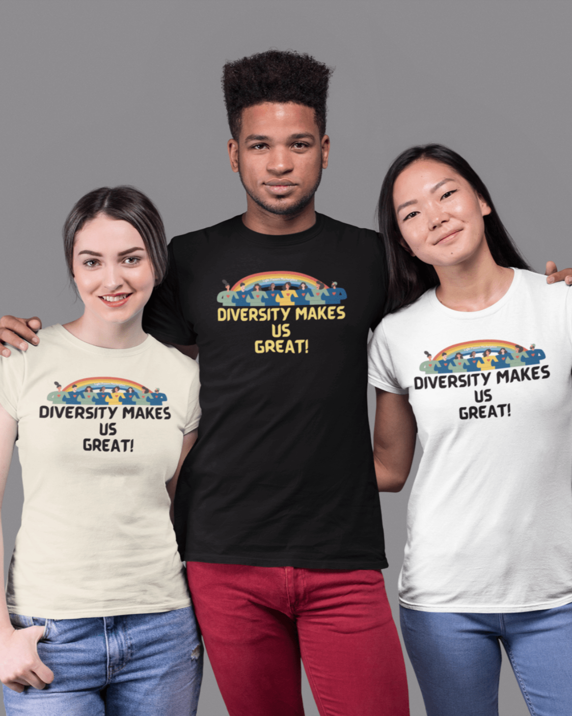 A diverse group of people in casual attire, smiling and posing. One person wears a white shirt, showcasing the Unisex T-shirt's classic fit and 100% cotton fabric for premium printing quality.