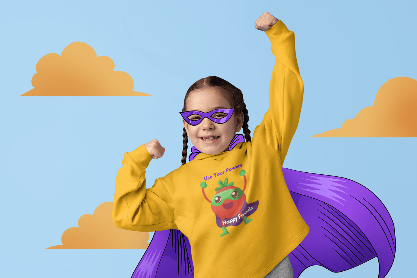 A girl in a superhero garment with a yellow shirt, purple cape, and mask, embodying the Tomato Power Happy Food Youth Hoodie's playful spirit.