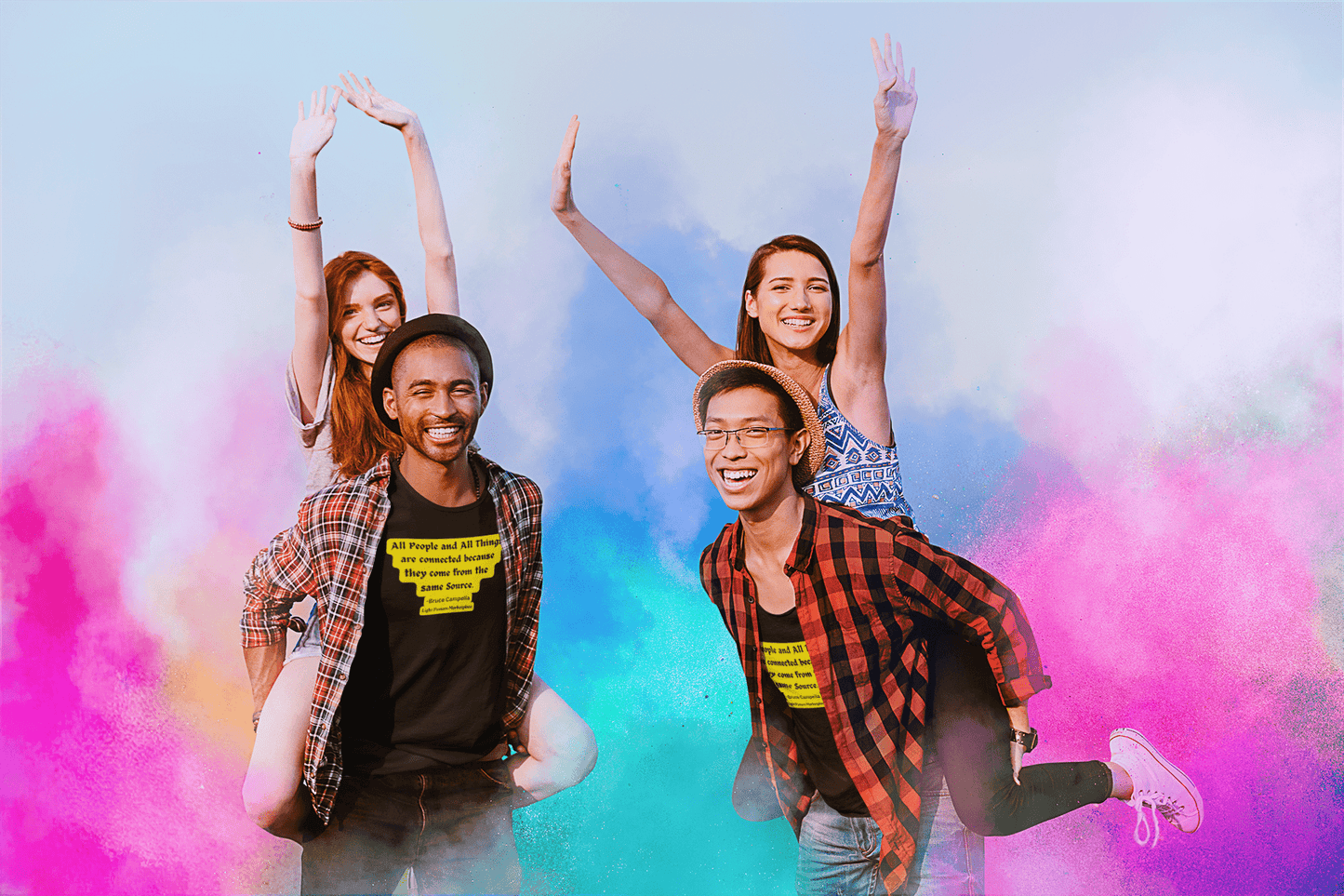 A group of people, including a man in a hat and plaid shirt, pose for a photo on a sunny day. Unisex heavy cotton tee with smooth surface for vivid printing, no side seams, and tape on shoulders for durability.
