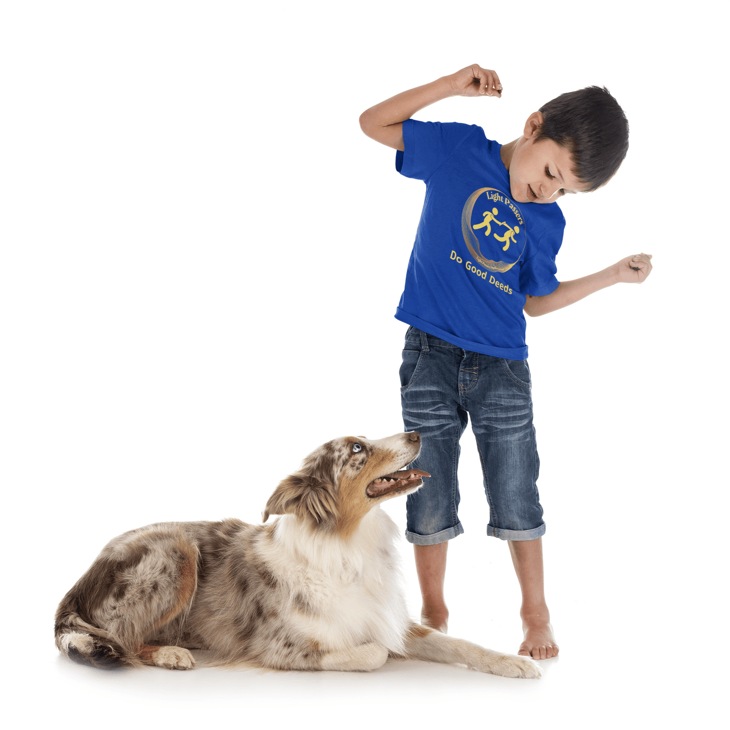 Boy in blue Youth T-Shirt - Pass the Light Relay Logo, standing with dog, promoting kindness and good deeds. Suitable for casual wear and events.