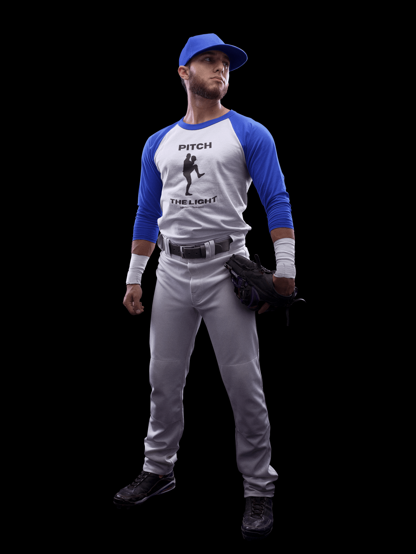 A man in a baseball uniform wearing a Pitch the Light Unisex 3/4 Sleeve T-shirt, showcasing ribbed collar, 3/4 sleeves, and durable seams.