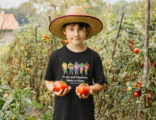 Light Passers Marketplace Fruits and Vegetables Make Us Happy Youth Cotton T-shirt Nutrition, Diversity, Mental Health