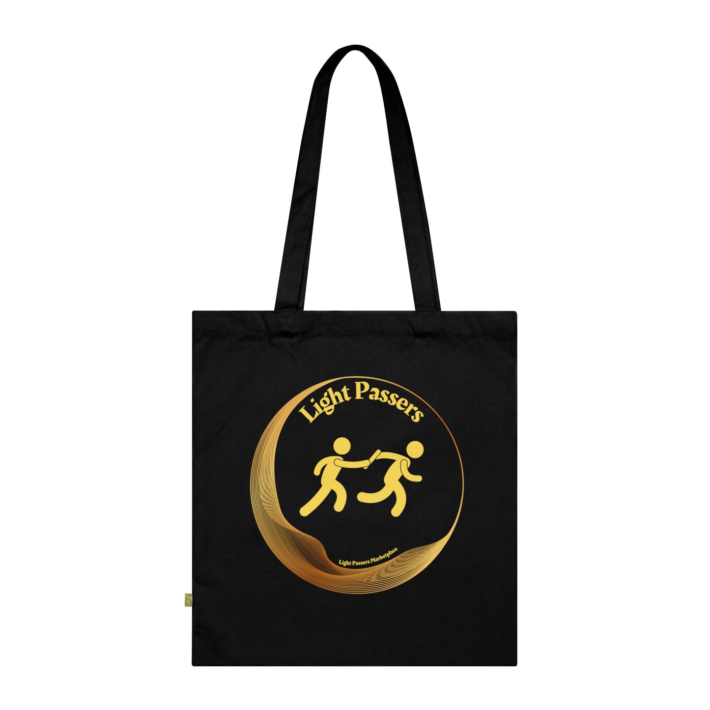 Light Passers Logo with relay Organic Cotton Tote Bag, featuring a yellow logo of two people running, made from durable organic cotton with a long handle.