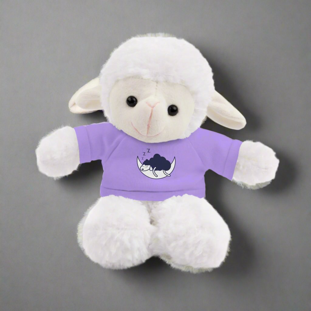 Sleep Sheep Stuffed Animal with removable T- shirt. The message is a black sheep asleep on a moon sliver. Te shirts has 4 colors to choose from