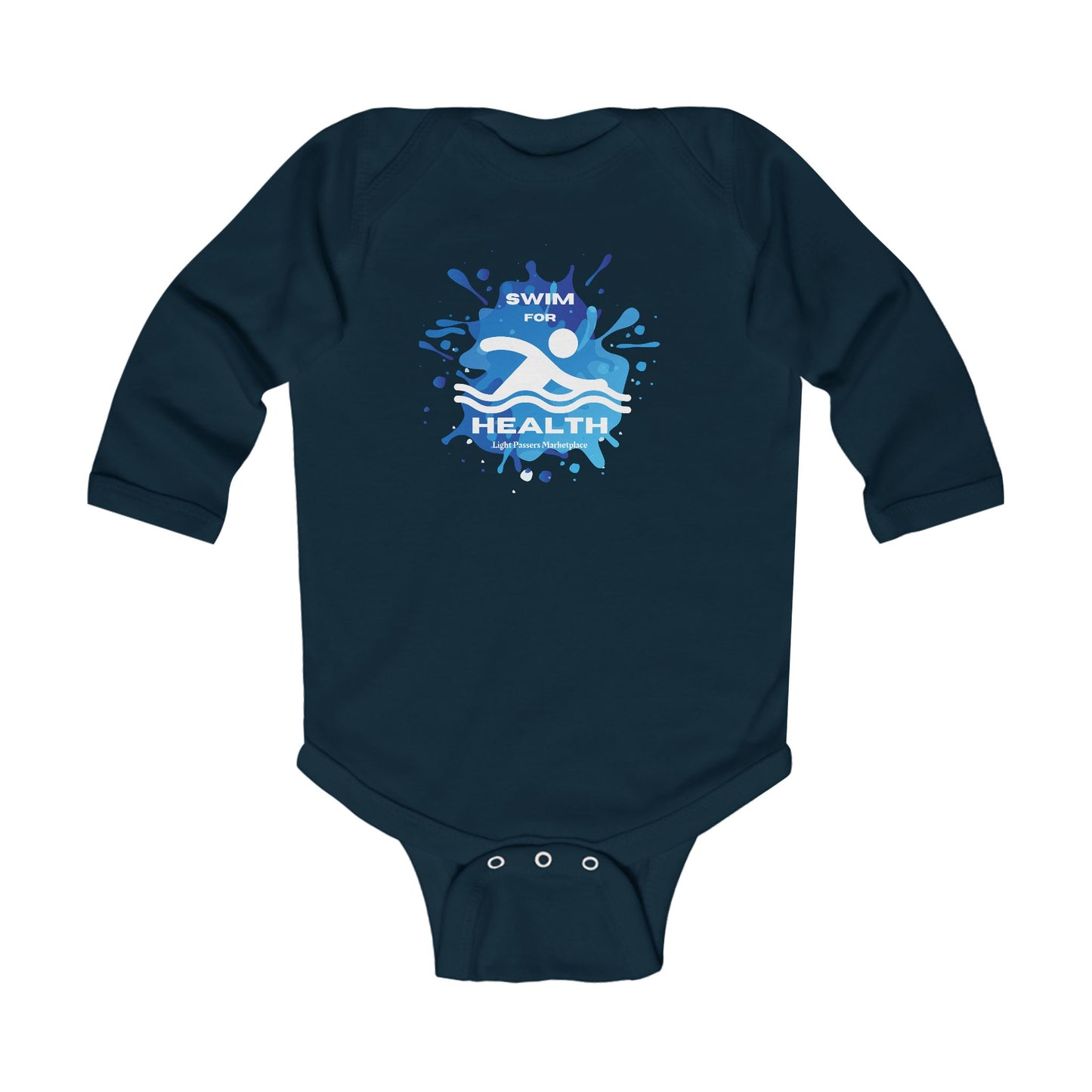 Health Swim for Health baby Long Sleeve Onesie featuring a swim competition logo, ribbed knit binding, and plastic snaps for easy closure. Ideal for infants 0-18 months.