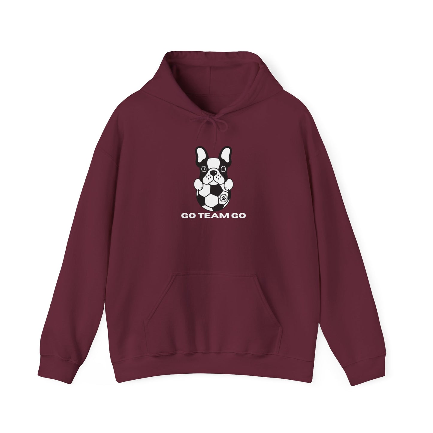 Teams Soccer Dog Adult Unisex Hoodie features a maroon design with a black and white dog and football graphic, complemented by a kangaroo pocket and drawstring hood.