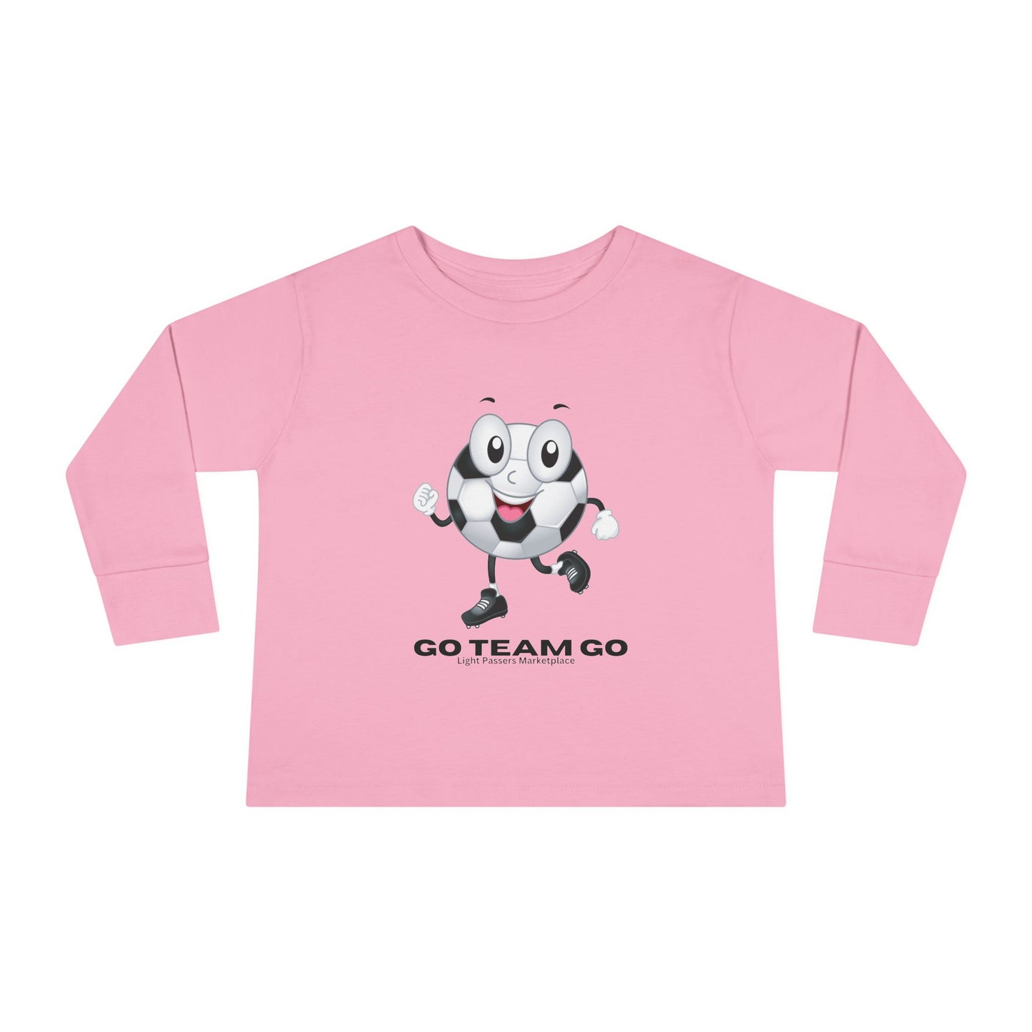 Soccer Ball Guy Toddler Long Sleeve featuring a cartoon soccer ball character with a face, perfect for young sports enthusiasts and casual wear.