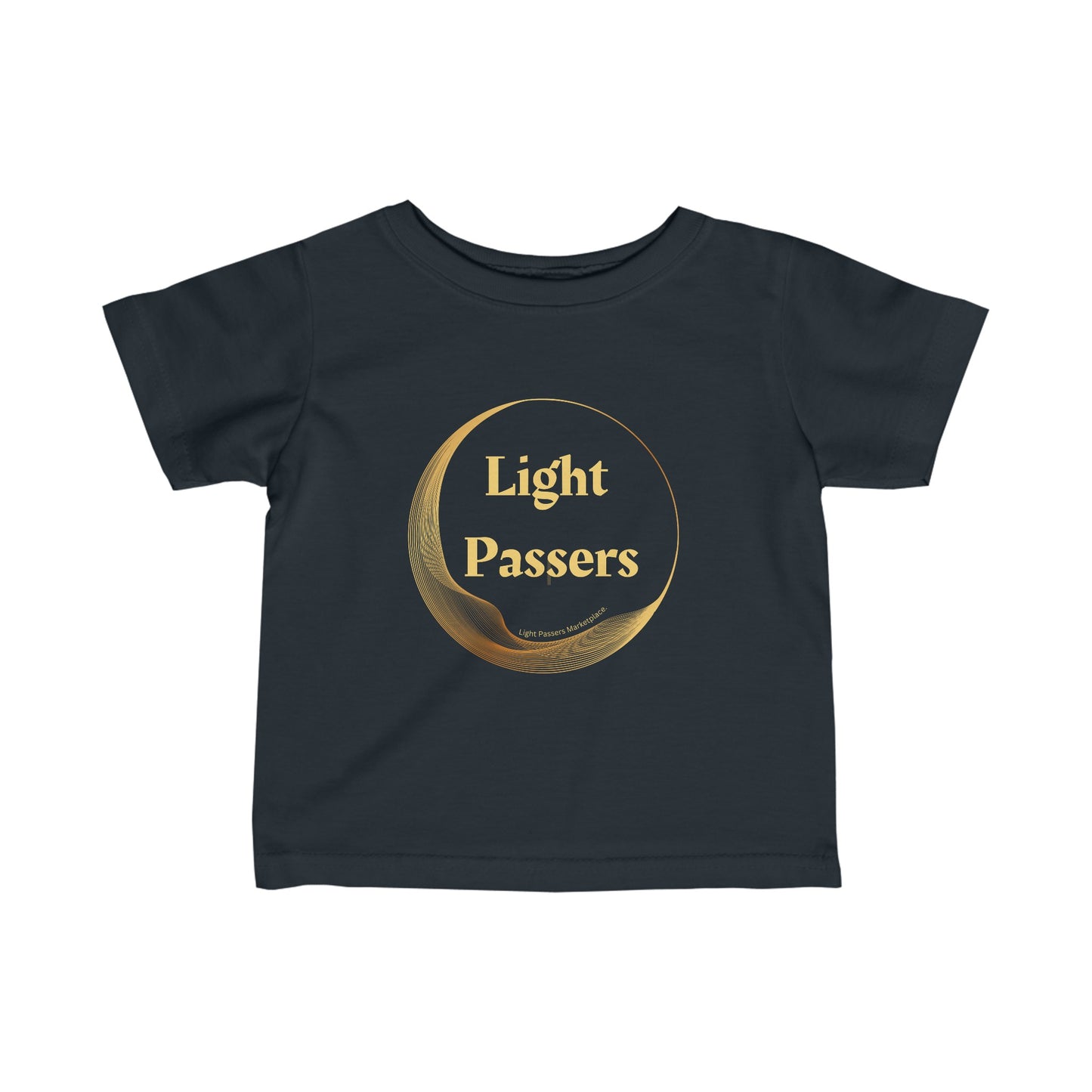 A baby T-shirt in black with gold logo text, featuring side seams, ribbed knitting, and taped shoulders for durability and comfort. 100% combed ringspun cotton, light fabric, classic fit, true to size.