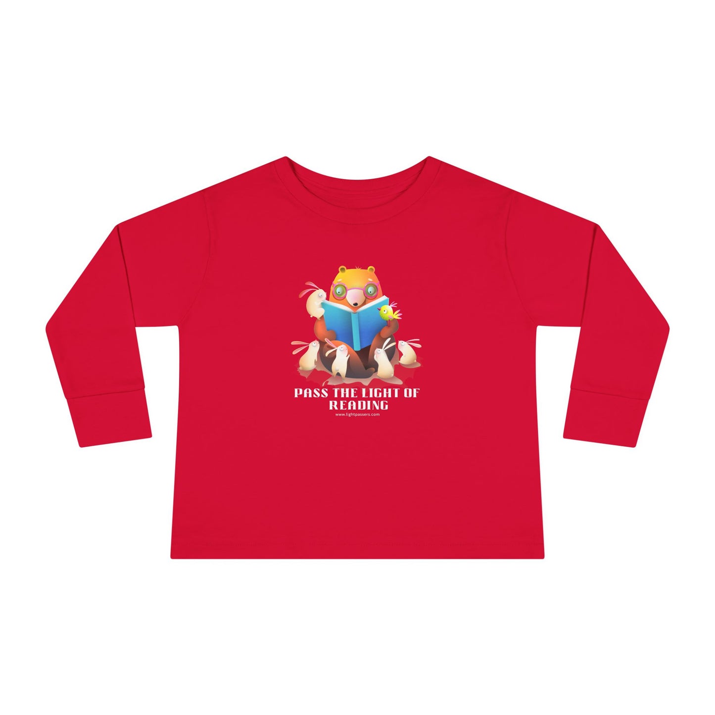 Toddler Long Sleeve Pass the Light of Reading tee featuring a cartoon bear and rabbit reading a book, crafted from durable, soft cotton for comfort.