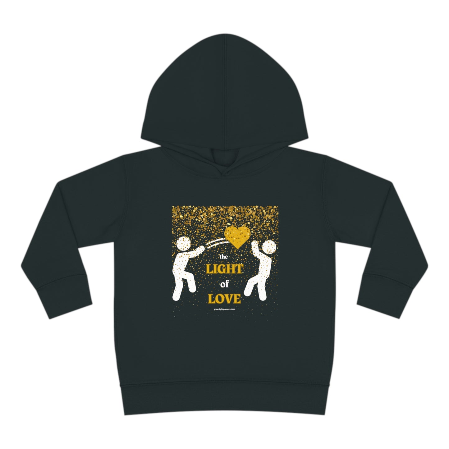 A Rabbit Skins toddler hoodie featuring a heart motif with people passing a heart embodying the Light of Love Gold Heart design. Jersey-lined hood, side seam pockets, and durable construction for lasting coziness.