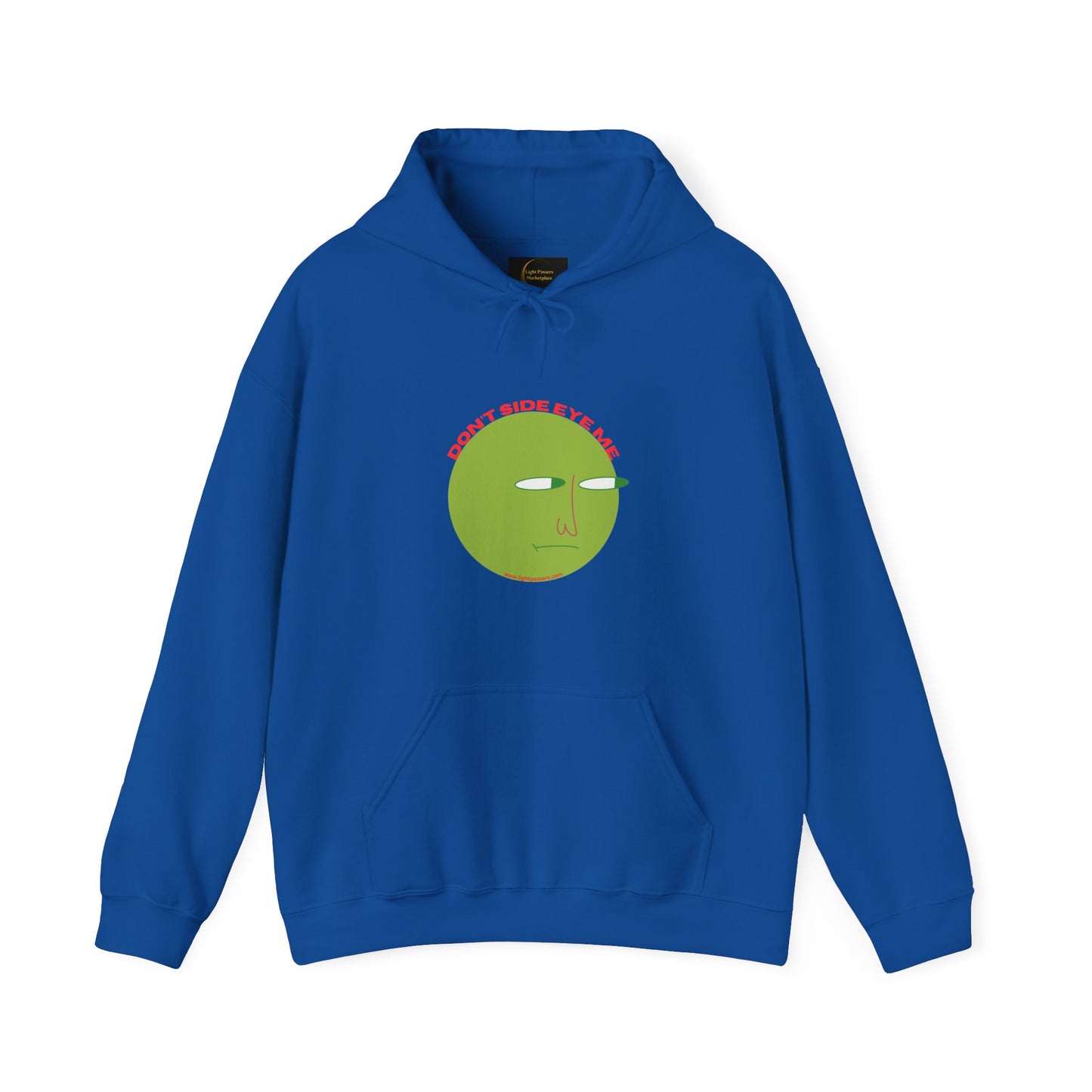 A blue unisex hooded sweatshirt with a face design, kangaroo pocket, and color-matched drawstring. Made of 50% cotton and 50% polyester for warmth and comfort.