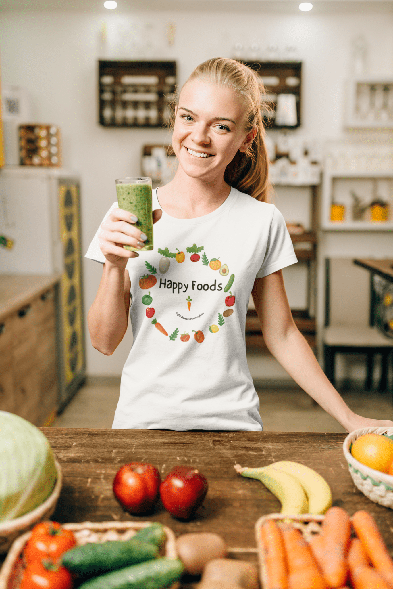 A woman in casual comfort holds a green drink, embodying the Happy Foods Ring Unisex T-Shirt's versatile style. Made from soft 100% cotton, this tee ensures durability and year-round bliss.