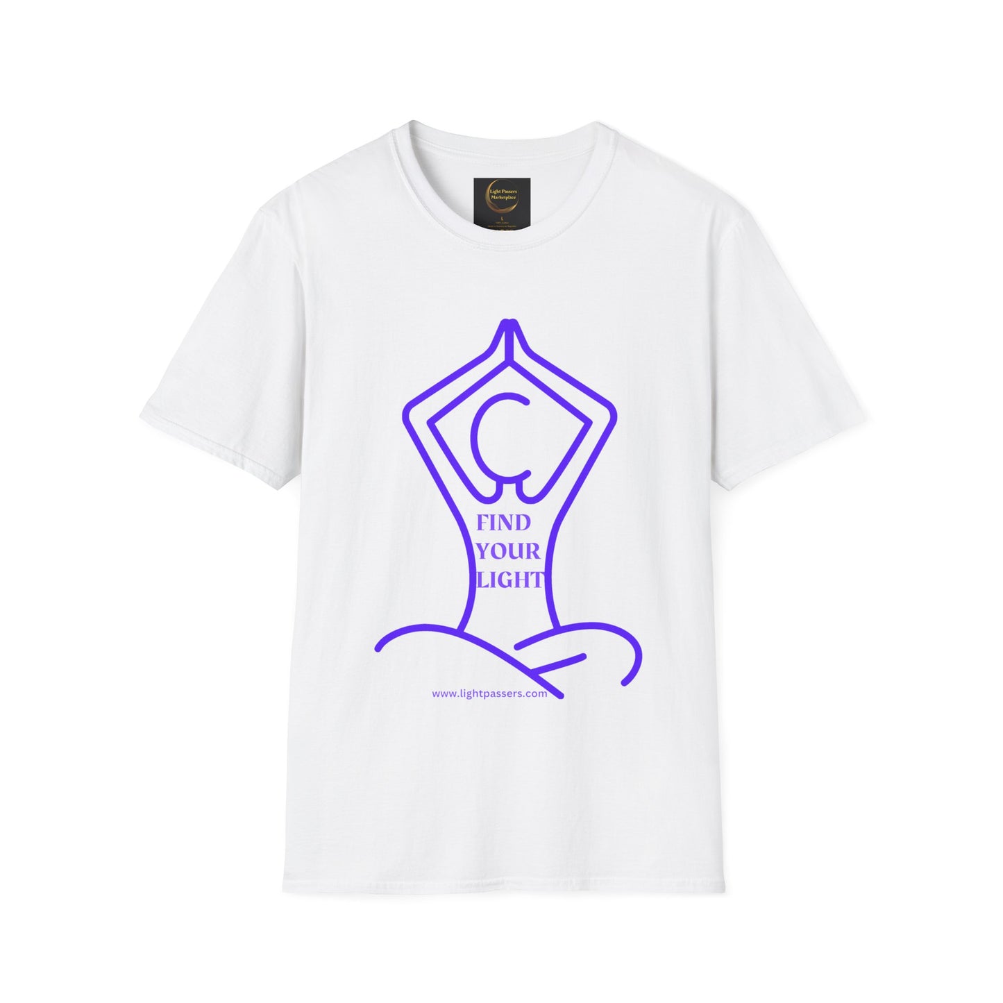 Unisex white t-shirt with purple Find Your Light graphic, ideal for yoga or meditation, made from 100% cotton for comfort.