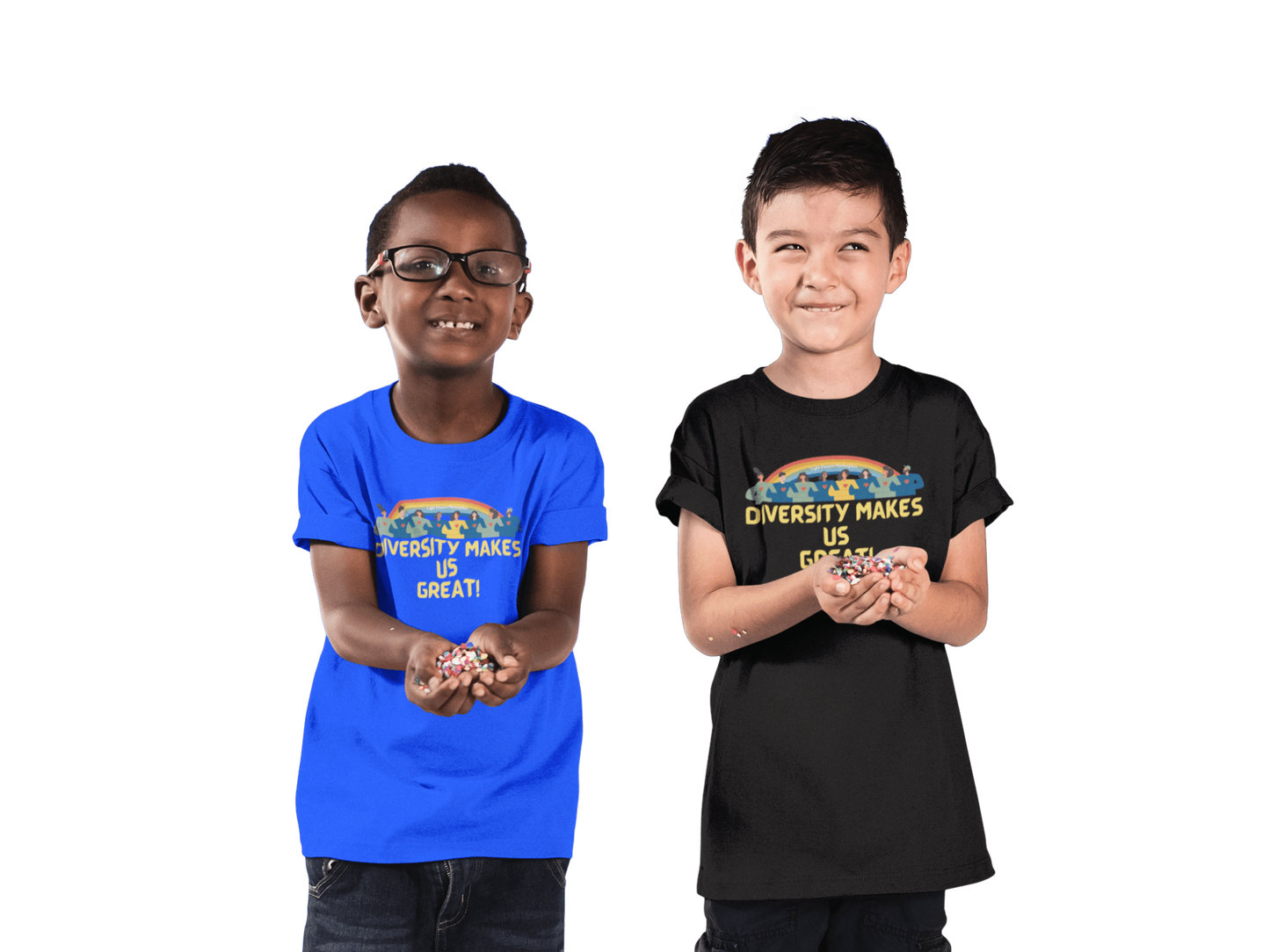 Two boys wearing Love and Peace Love Others Diversity Makes Us Great youth t-shirts, smiling and holding small objects, showcasing the shirt's classic fit and durability.