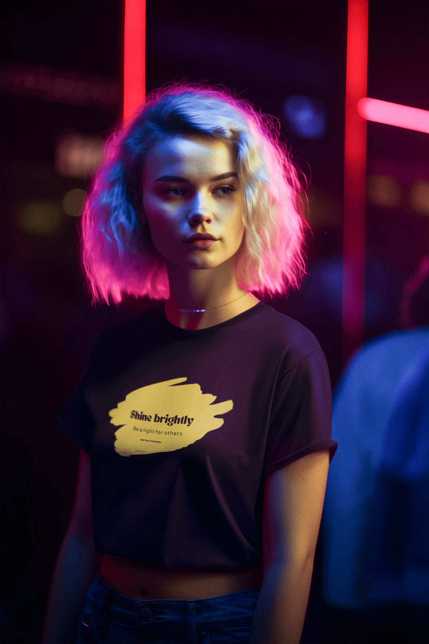 Woman wearing The Light Shine Brightly for Others Inspirational Design Adult Unisex T-shirt, showcasing a relaxed fit and crew neckline, made from ethically sourced US cotton.