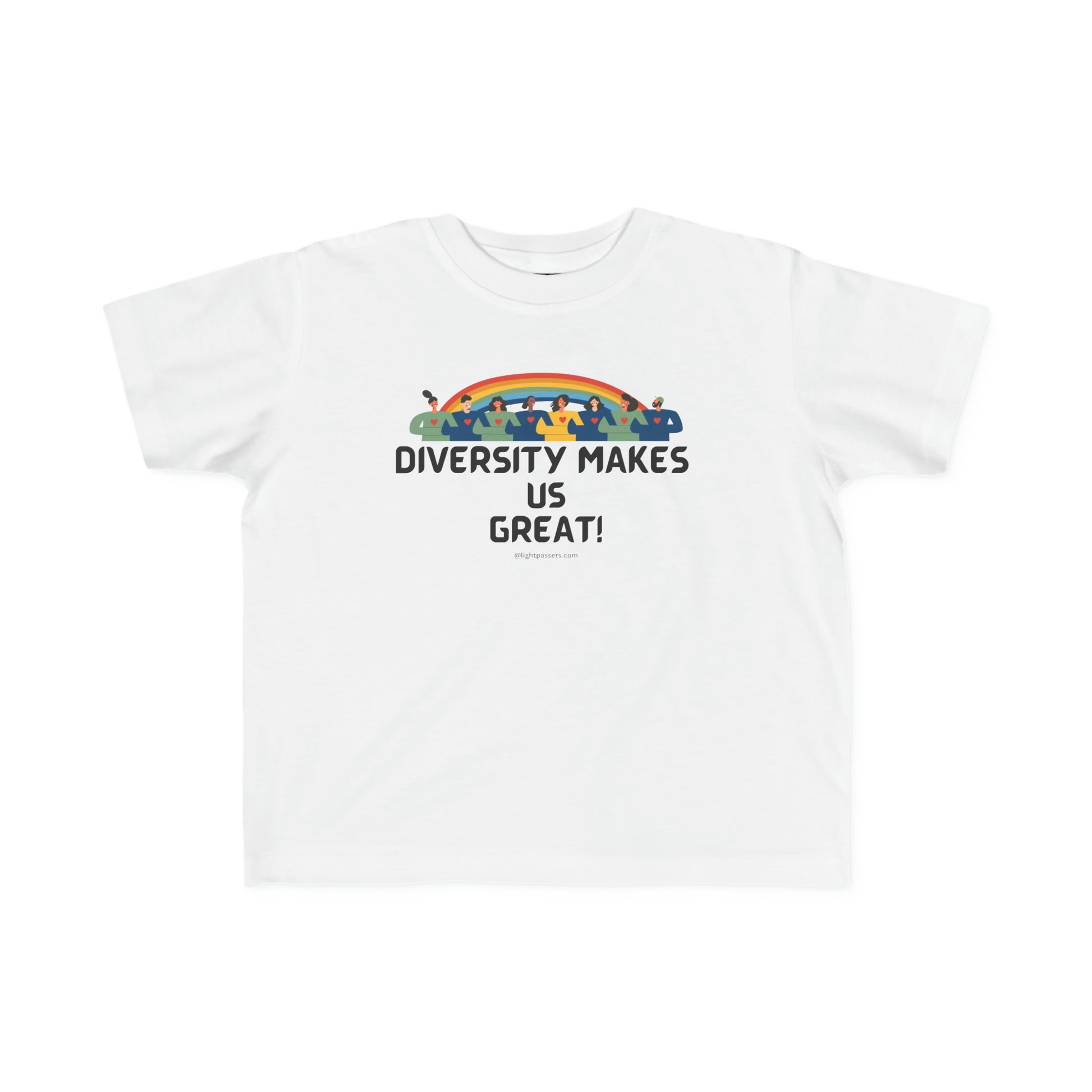 Toddler t-shirt featuring a diverse group of people on a white background. Made of soft, 100% combed cotton with a durable print. Classic fit, tear-away label, and lightweight fabric.
