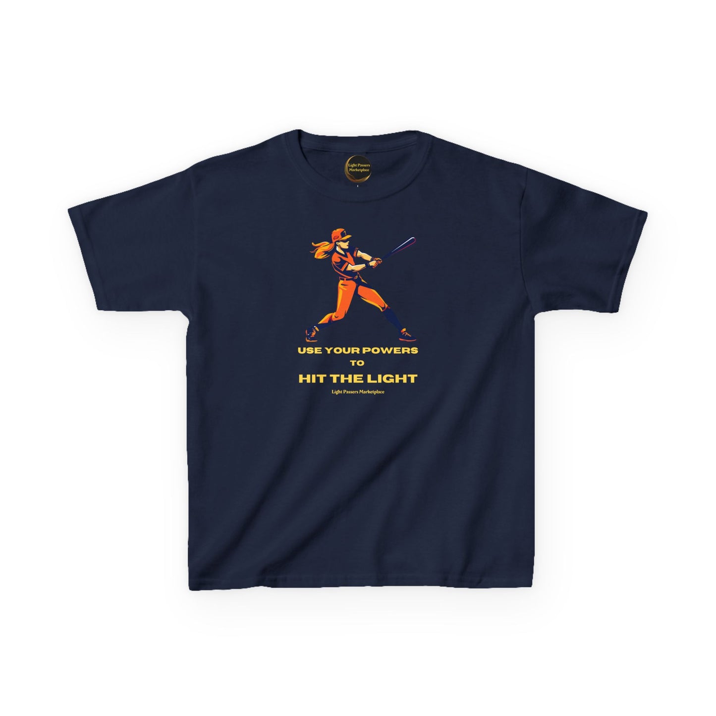 Youth navy T-shirt featuring an orange-yellow batter silhouette with USE YOUR POWERS TO HIT THE LIGHT; branded by Light Passers Marketplace.