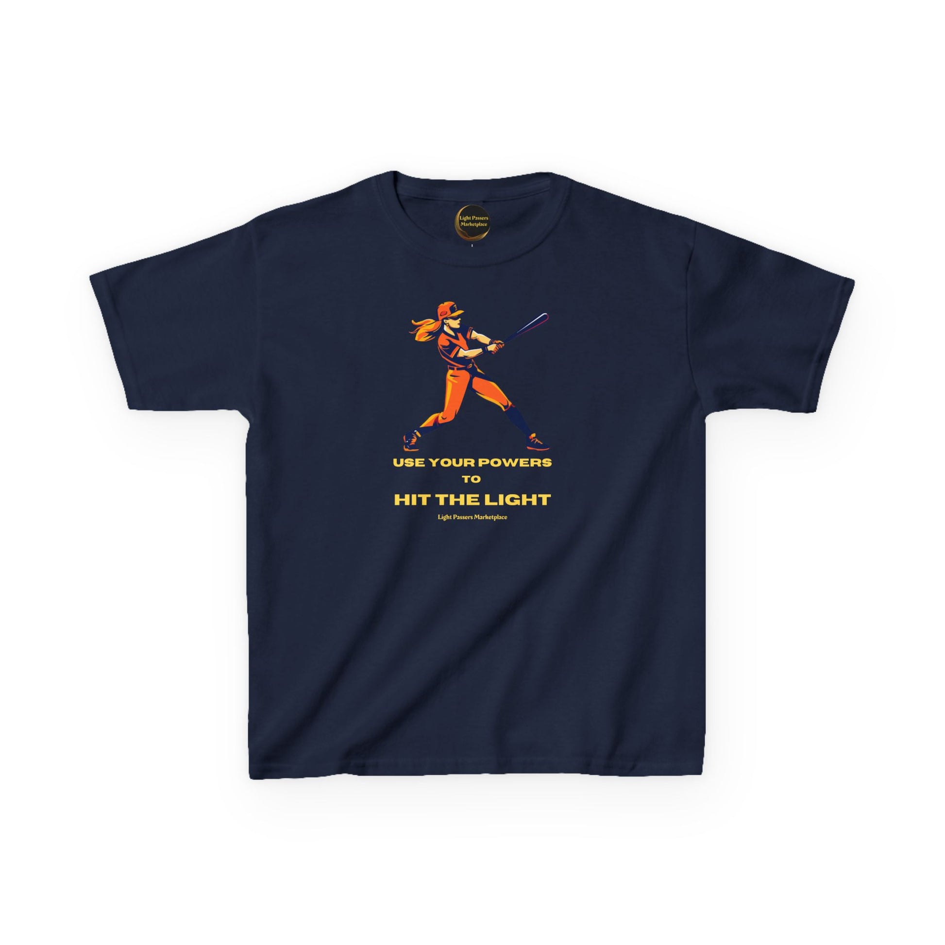 Youth navy T-shirt featuring an orange-yellow batter silhouette with USE YOUR POWERS TO HIT THE LIGHT; branded by Light Passers Marketplace.