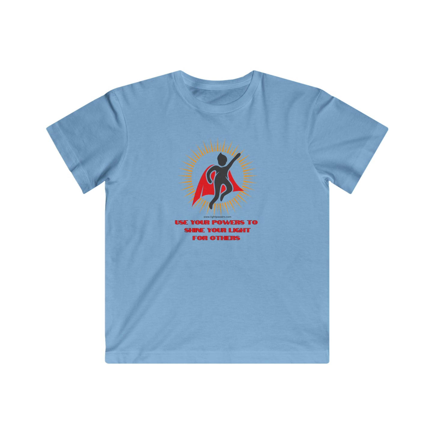 A blue youth t-shirt featuring a cartoon character and red text, with a person in the background. Made of soft cotton, with a high-quality print. Ideal for young superheroes.