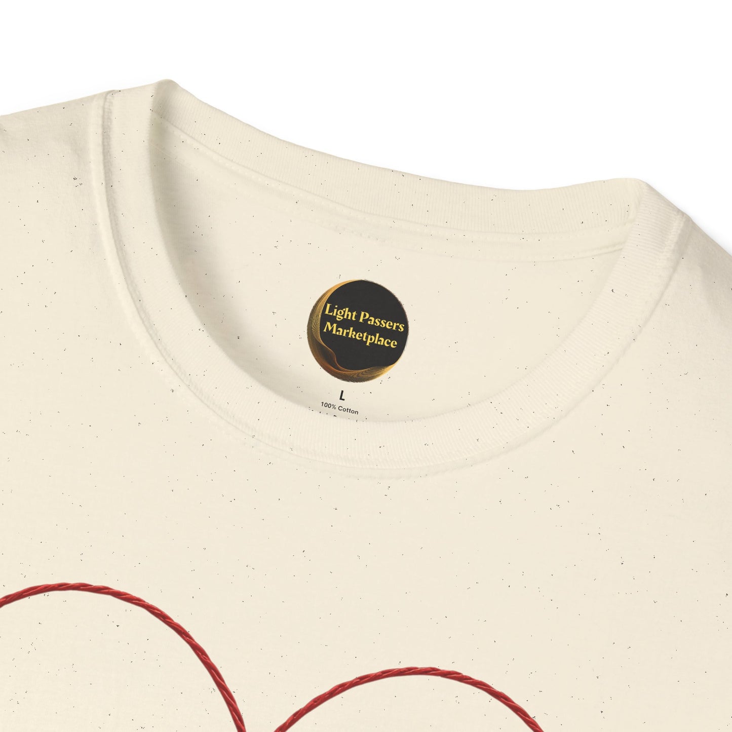 Close-up of the Legacy Makers Unite T-Shirt collar with “Light Passers Marketplace” label, showing size L and a red rope graphic detail.