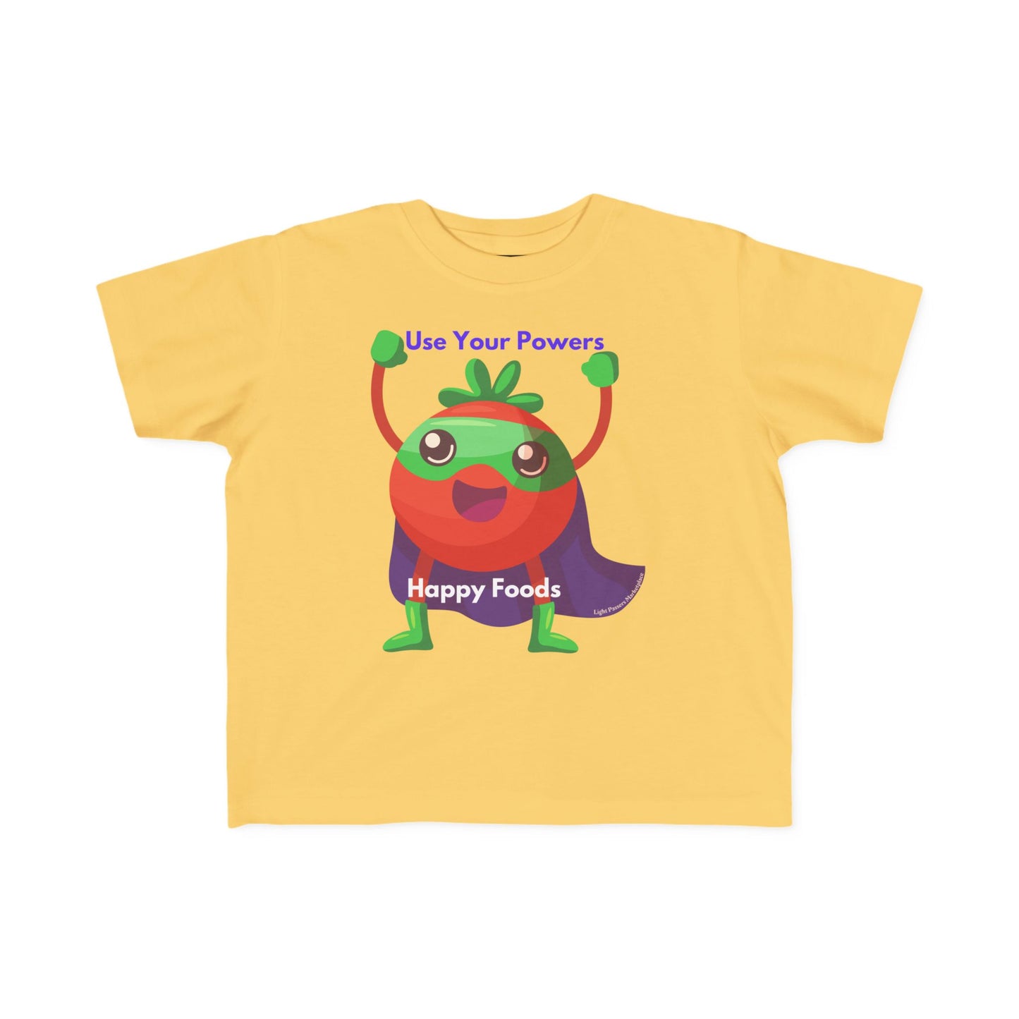 Health Tomato Power Toddler T-shirt featuring a superhero tomato with Use Your Powers and Happy Foods text, crafted for comfort and durability, from Light Passers Marketplace.