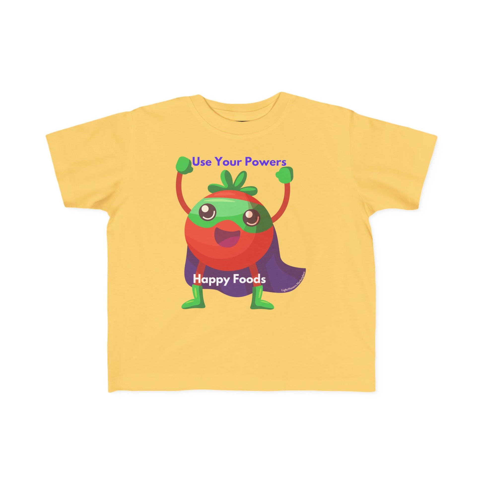 Health Tomato Power Toddler T-shirt featuring a superhero tomato with Use Your Powers and Happy Foods text, crafted for comfort and durability, from Light Passers Marketplace.