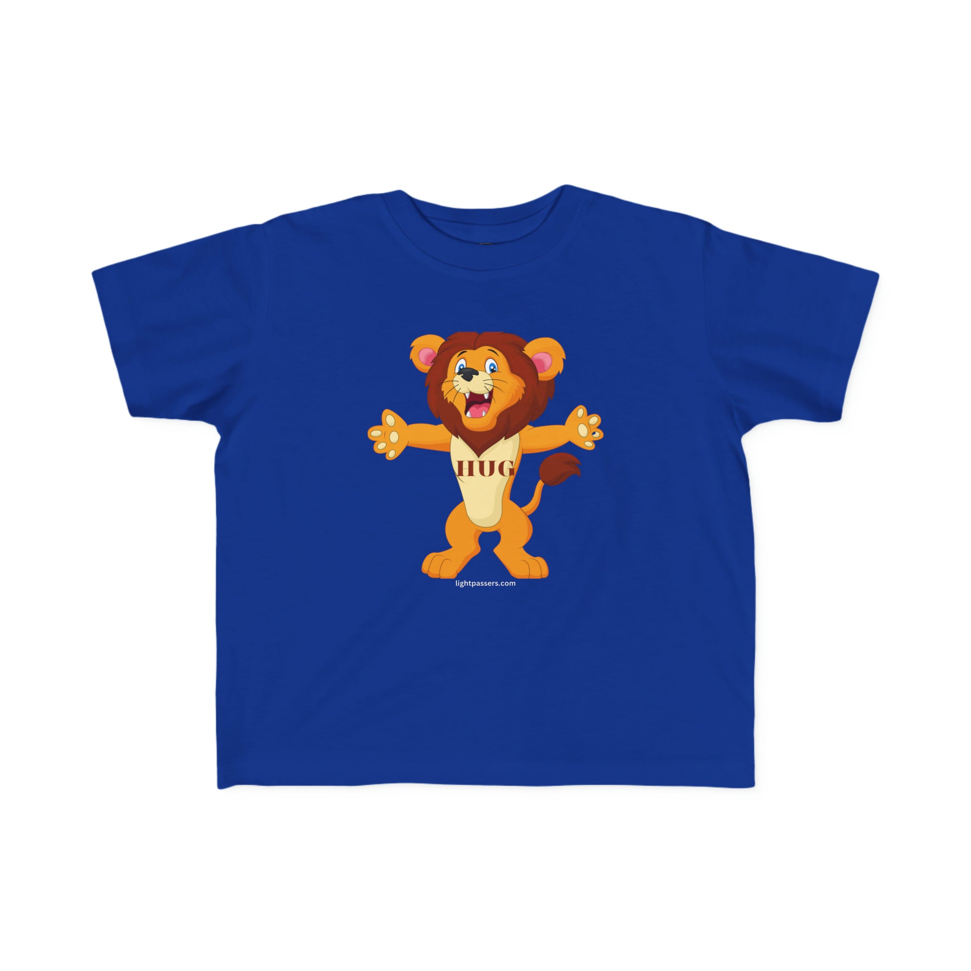 A toddler's Hug Lion T-shirt featuring a cartoon lion print on a blue tee. Made of soft, durable cotton with a tear-away label and a classic fit. Ideal for sensitive skin.