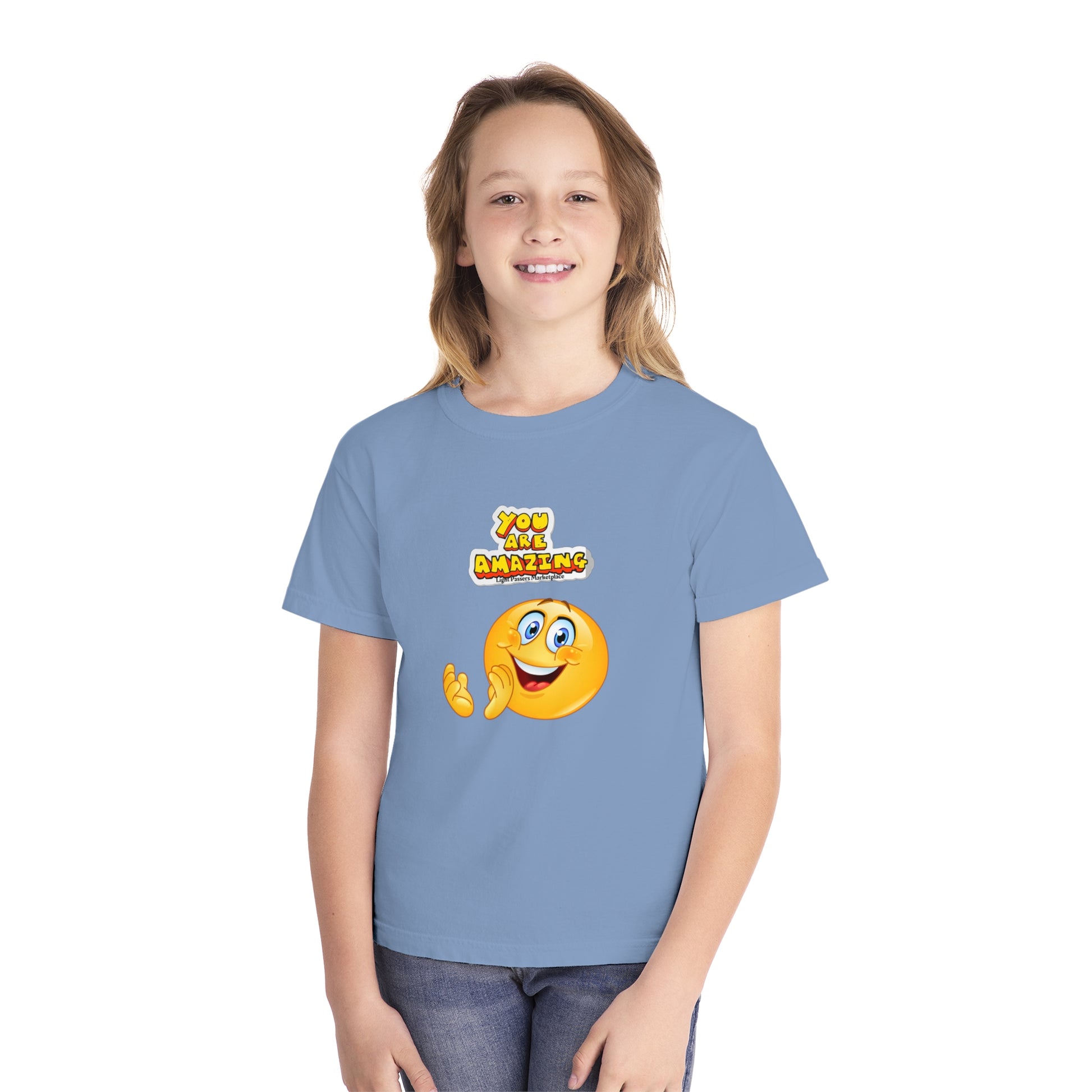 A kid's tee shirt featuring You are Amazing Clap design. Made of 100% combed ring-spun cotton for comfort and agility. Soft-washed, garment-dyed, with a classic fit for all-day wear.