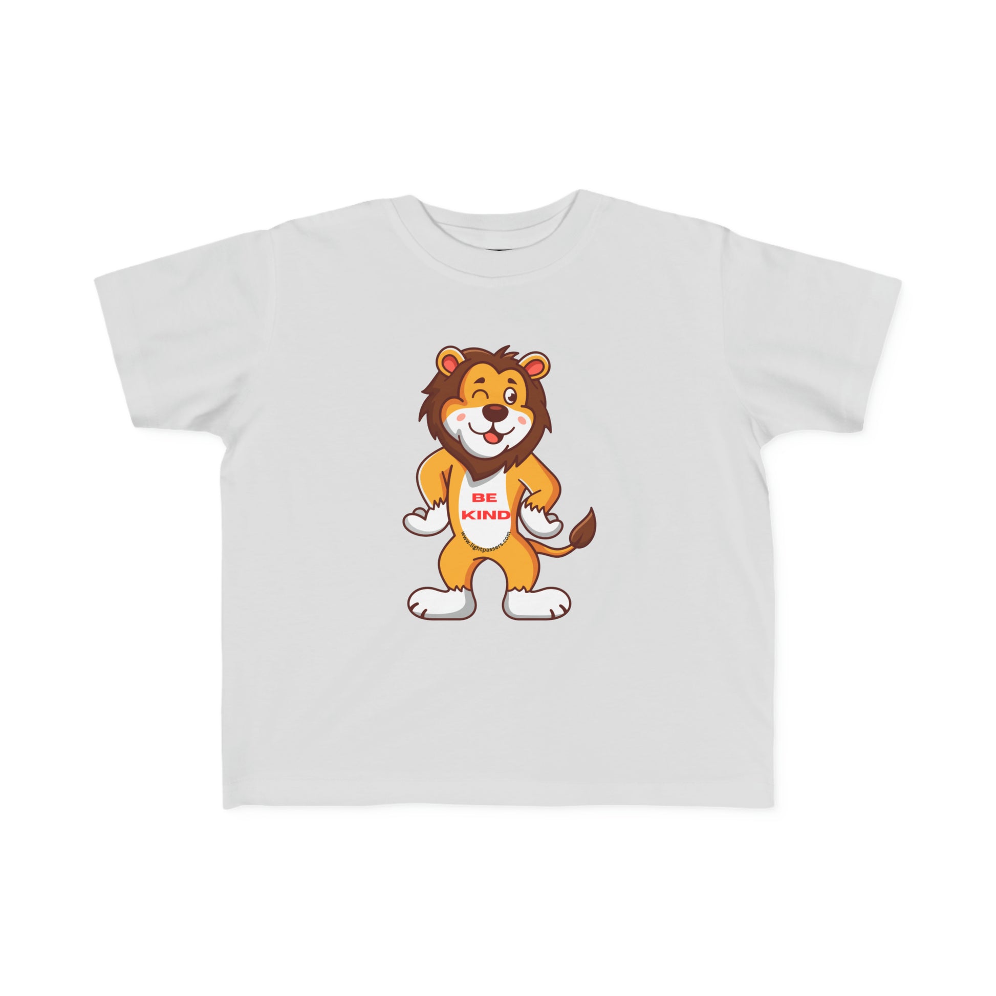 A white toddler t-shirt featuring a cartoon lion with a smile, perfect for sensitive skin. Made of 100% combed cotton, light fabric, tear-away label, and a durable print.