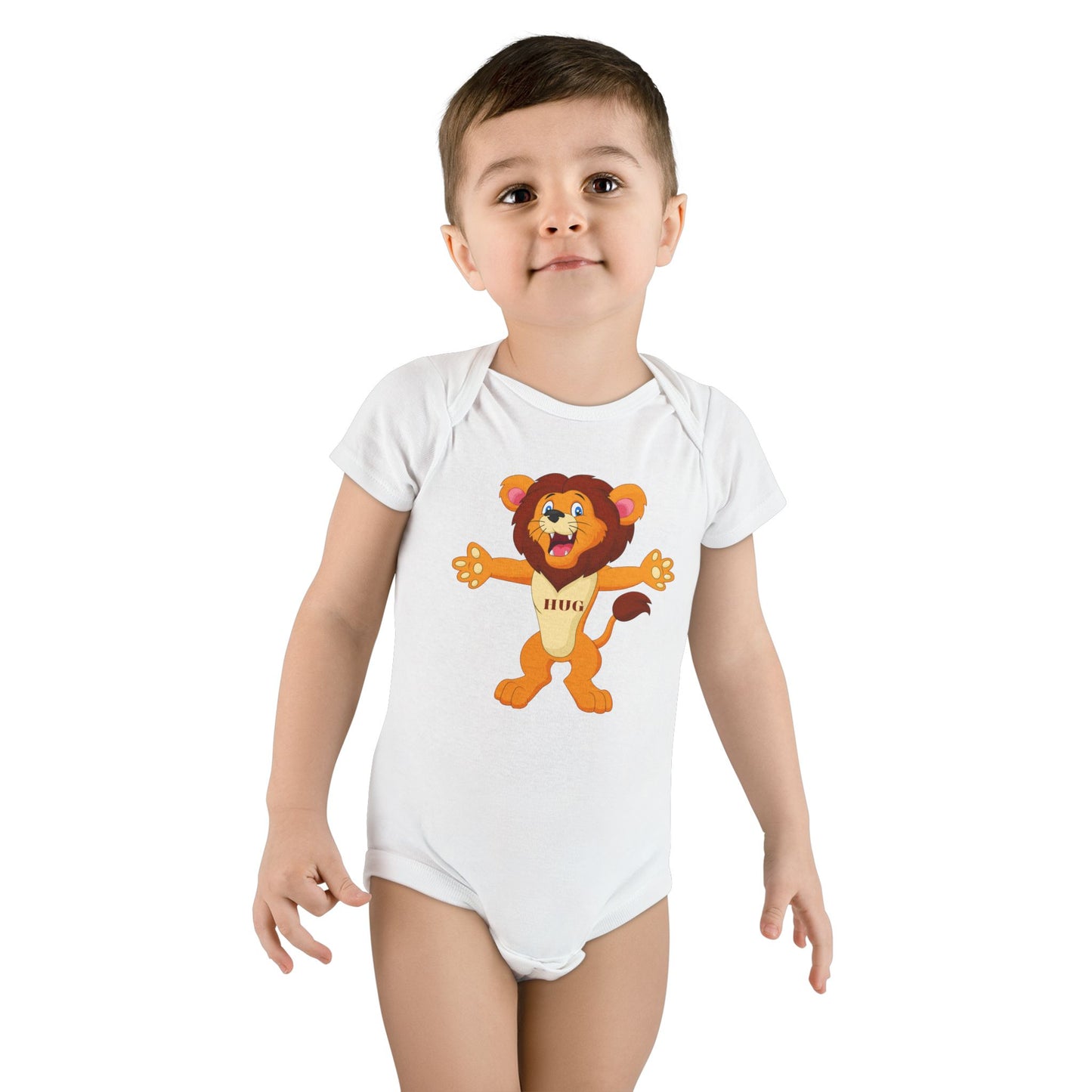 Baby Onesie with Cute Hugging Lion Graphic - Organic Cotton Baby Bodysuit