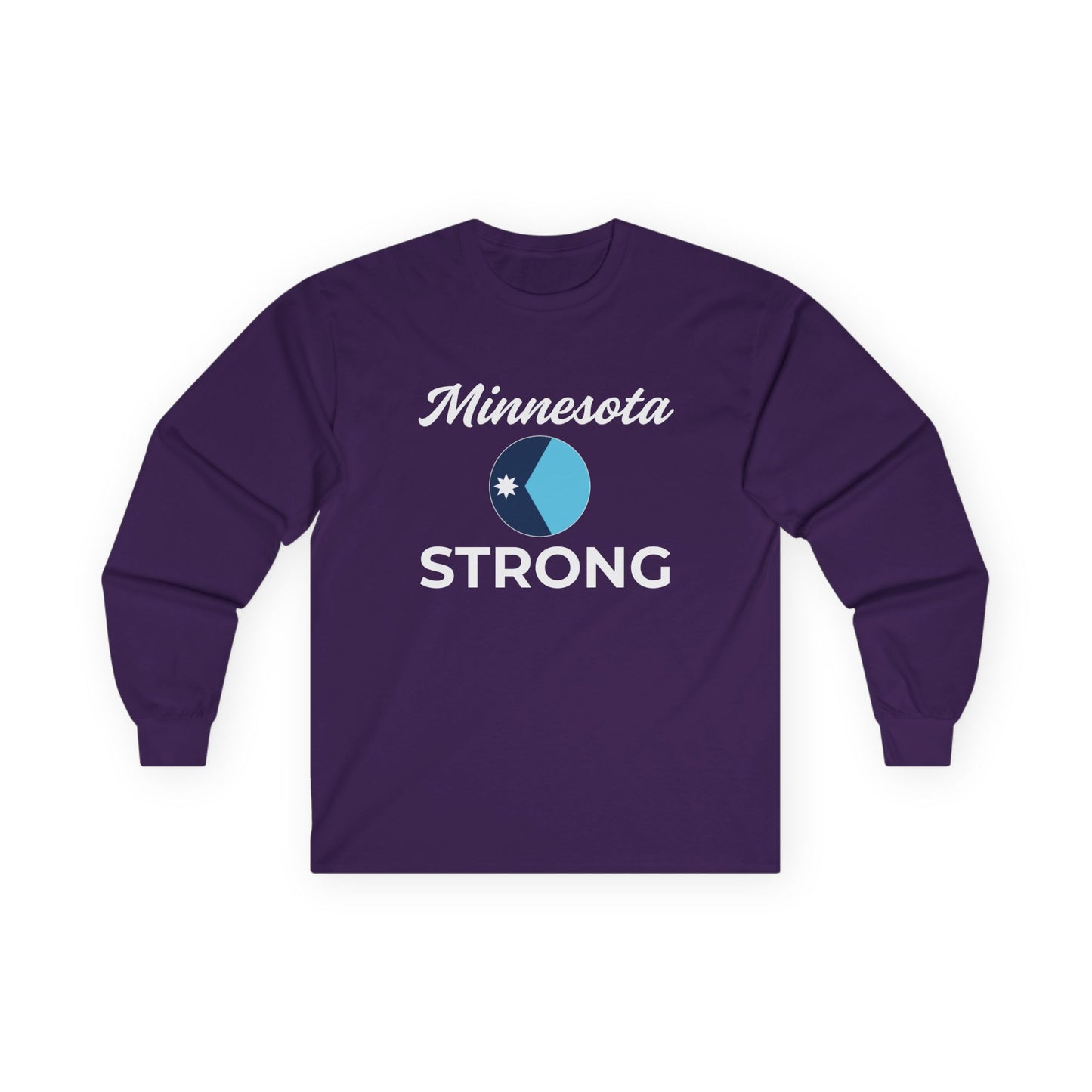 Deep purple long-sleeve shirt featuring Minnesota Strong in white script and emblem, embodying resilience and community spirit. Classic fit, eco-friendly cotton from Light Passers Marketplace.