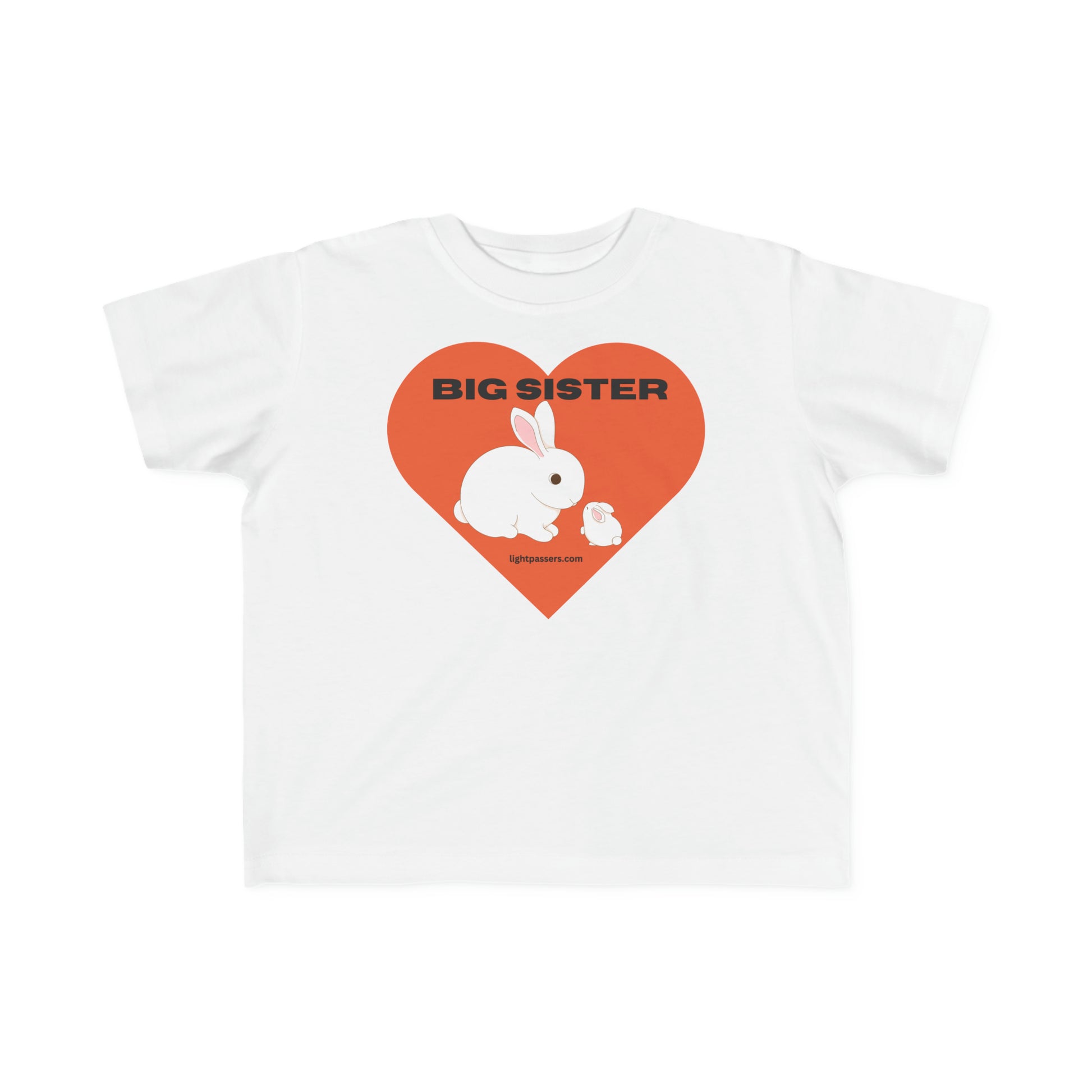 A white toddler t-shirt featuring a rabbit and heart design, made of soft 100% combed cotton for sensitive skin. Durable print, classic fit, tear-away label, perfect for little ones.