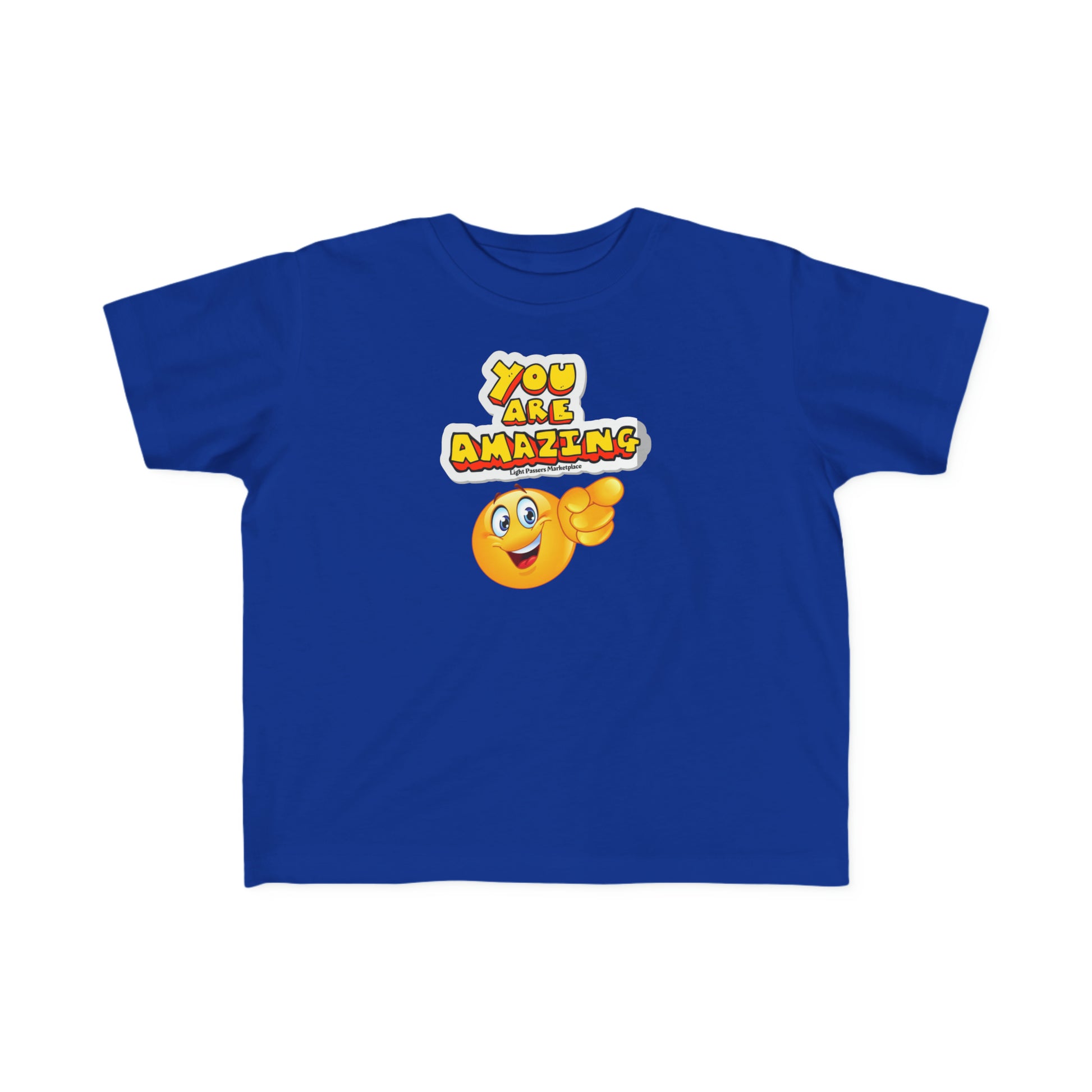 A blue toddler tee featuring a cartoon face pointing, embodying the You are Amazing emoji. Soft, 100% combed cotton, durable print, tear-away label, and a classic fit.