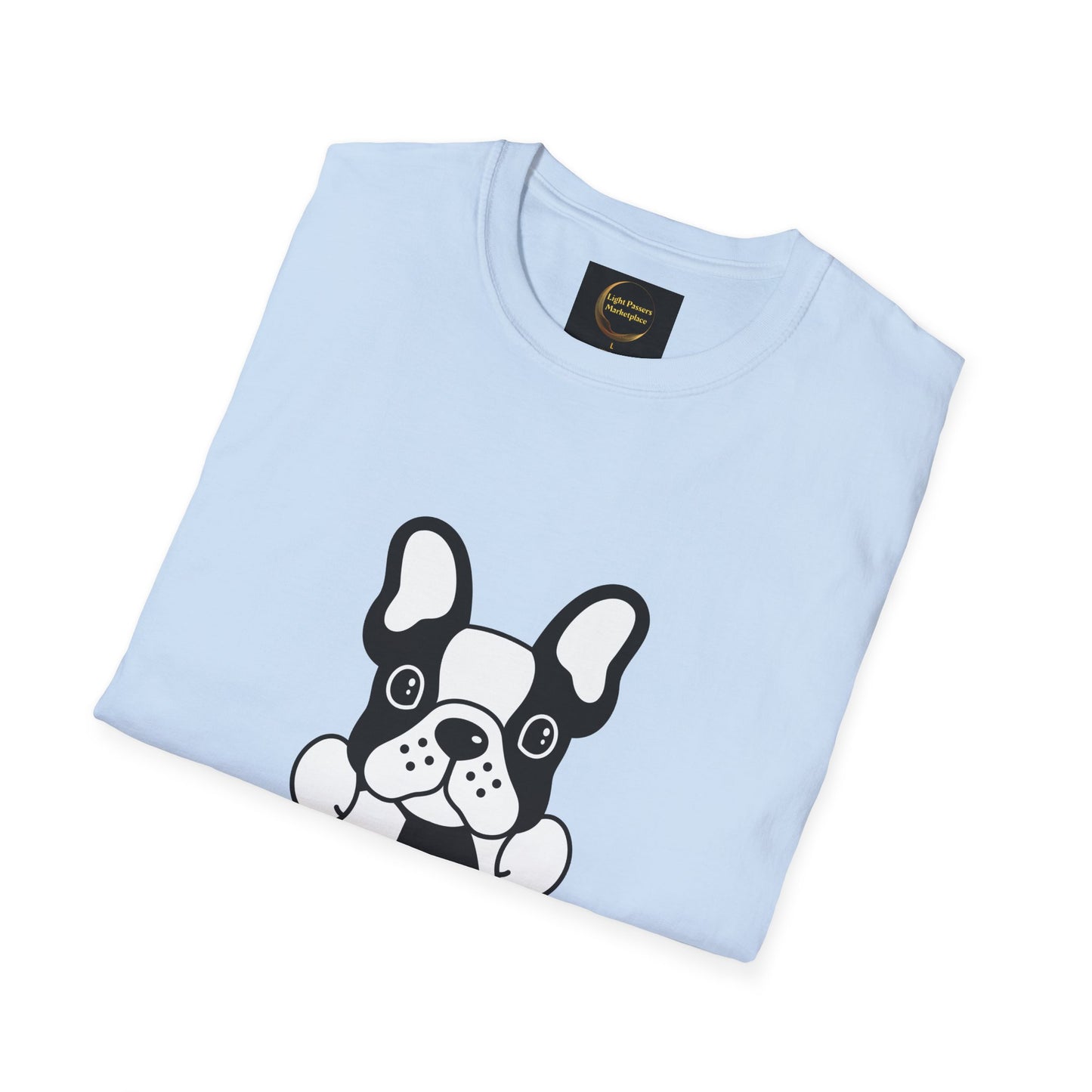 Soccer Dog Unisex T-Shirt, light-blue, featuring a cartoon French bulldog face, size large, from Loyal Paws Marketplace, made of soft 100% cotton for casual comfort.