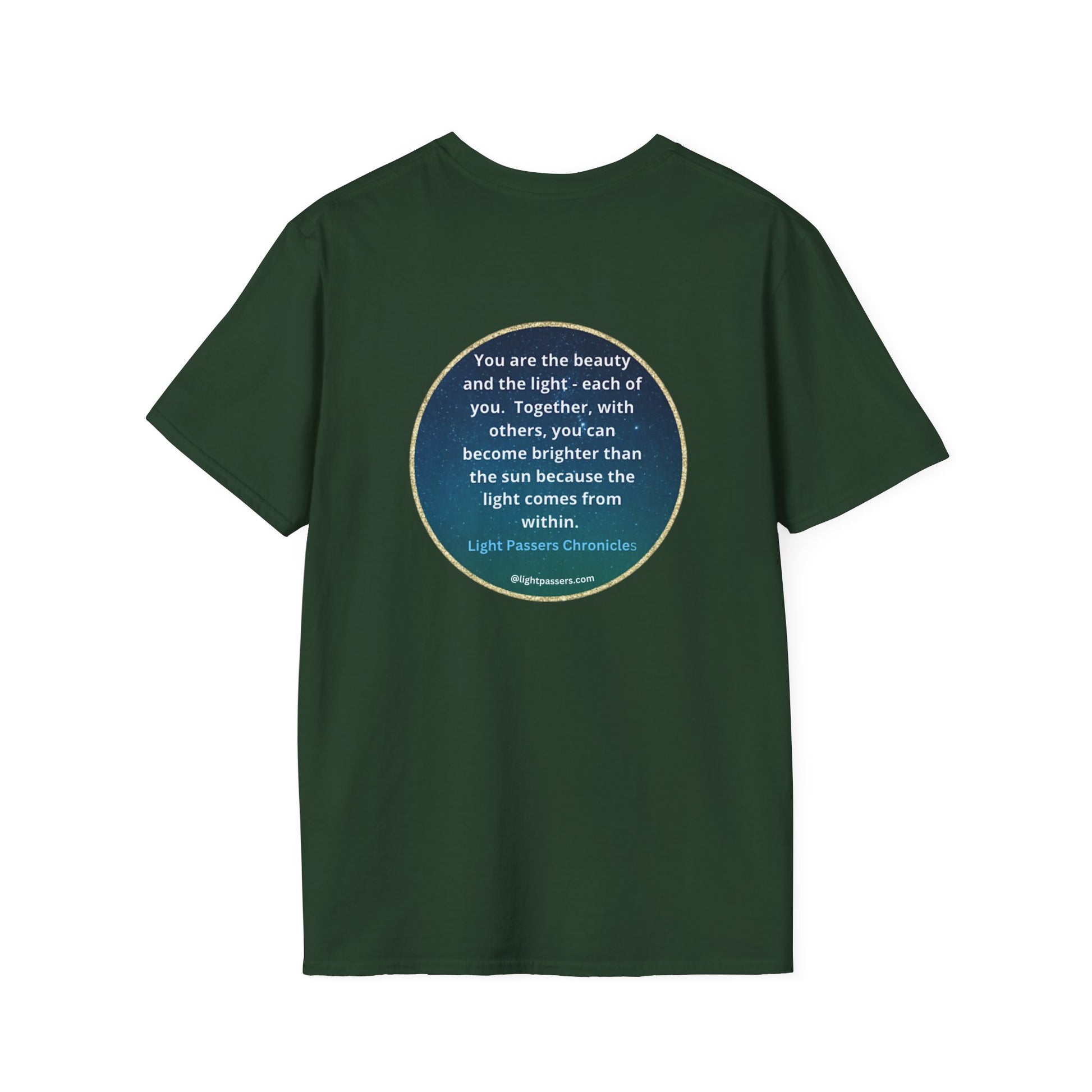 Unisex heavy cotton tee with a green shirt featuring a blue circle and white logo on the back. Smooth surface for vivid printing, no side seams, durable tape on shoulders.