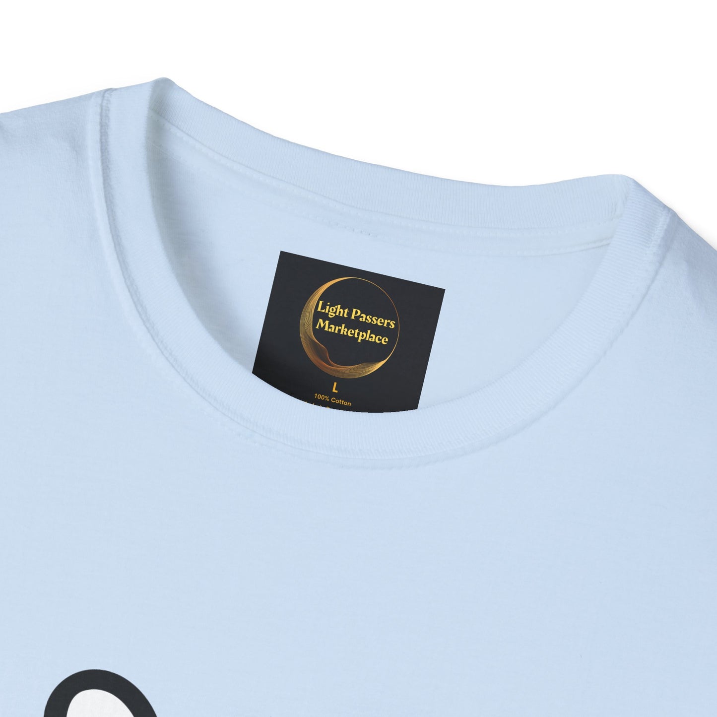 Close-up of Soccer Dog Unisex T-Shirt's neckline featuring a black Light Passers Marketplace tag, highlighting its casual comfort and durable, 100% cotton fabric.