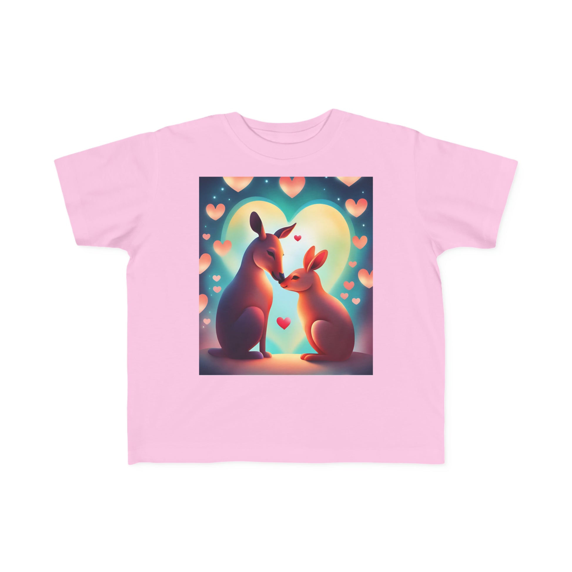 A pink toddler's tee featuring two kangaroos in front of hearts, with a cartoon kangaroo kissing a baby kangaroo. Soft, durable 100% combed cotton, light fabric, tear-away label, classic fit.