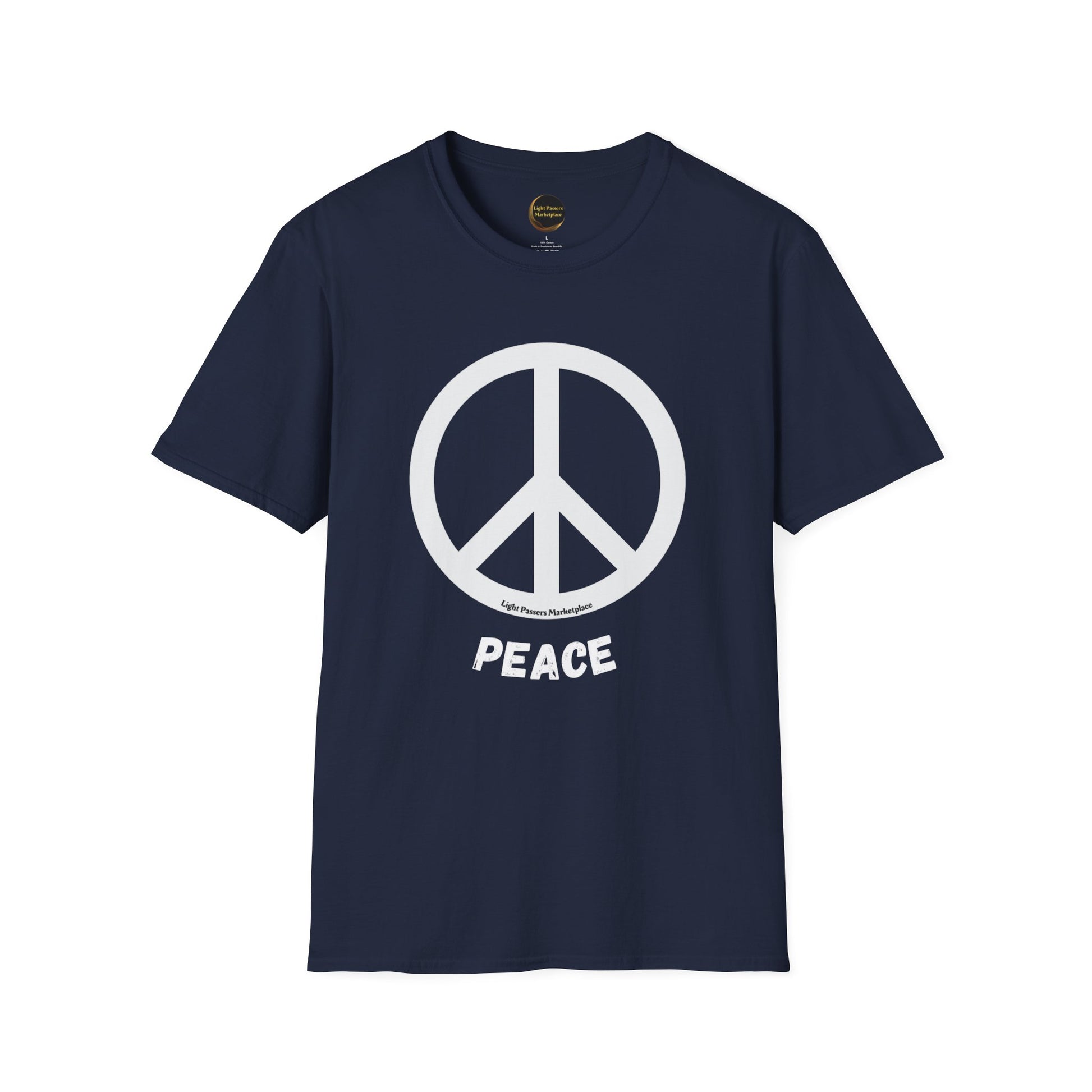A blue unisex t-shirt featuring a peace symbol, made of soft 100% ring-spun cotton with twill tape shoulders for durability and a ribbed collar. Ethically sourced and tear-away label for comfort.