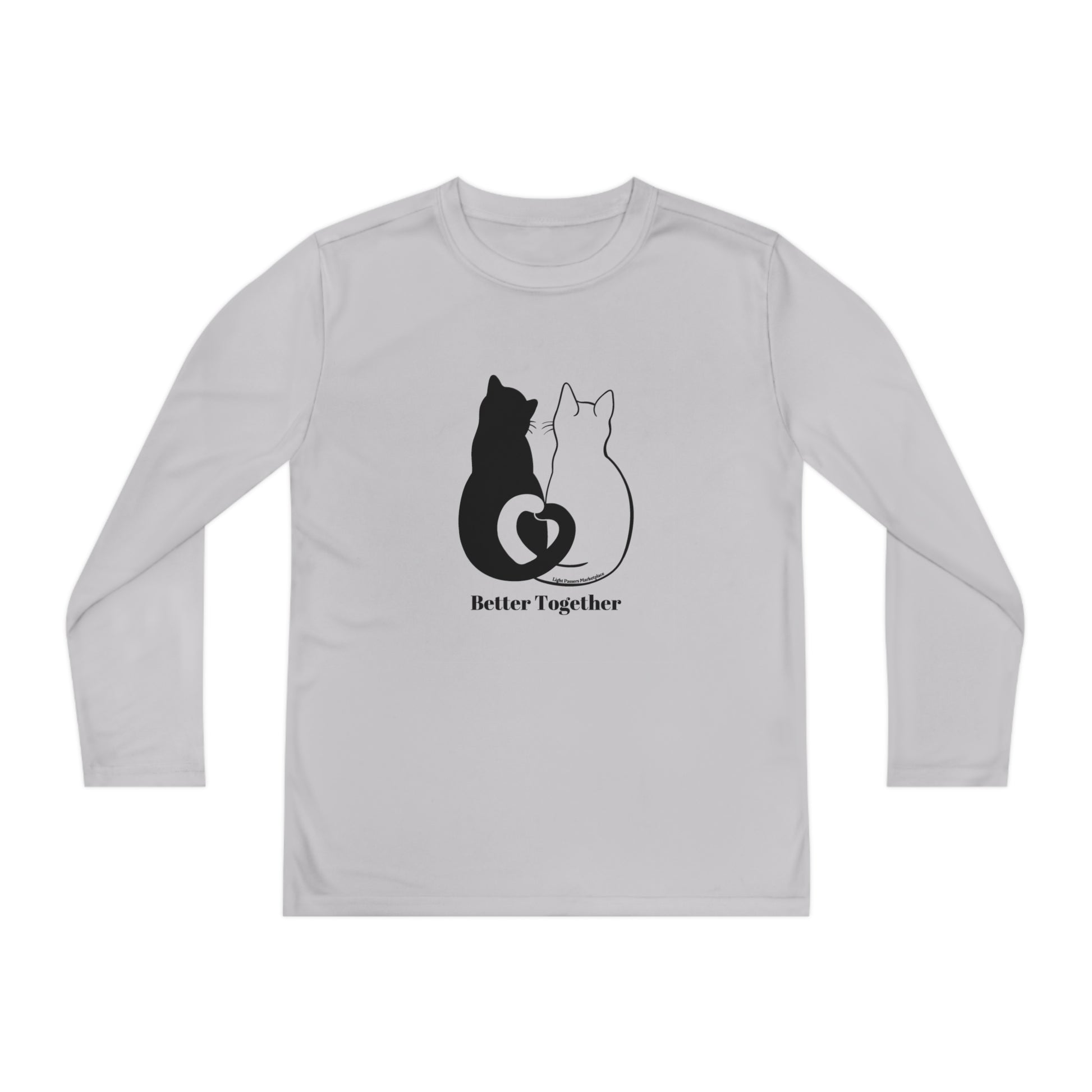 Youth Long Sleeve 2 Cats Heart Love Tails shirt shows black and white cats forming a heart with their tails, ideal for cat lovers.