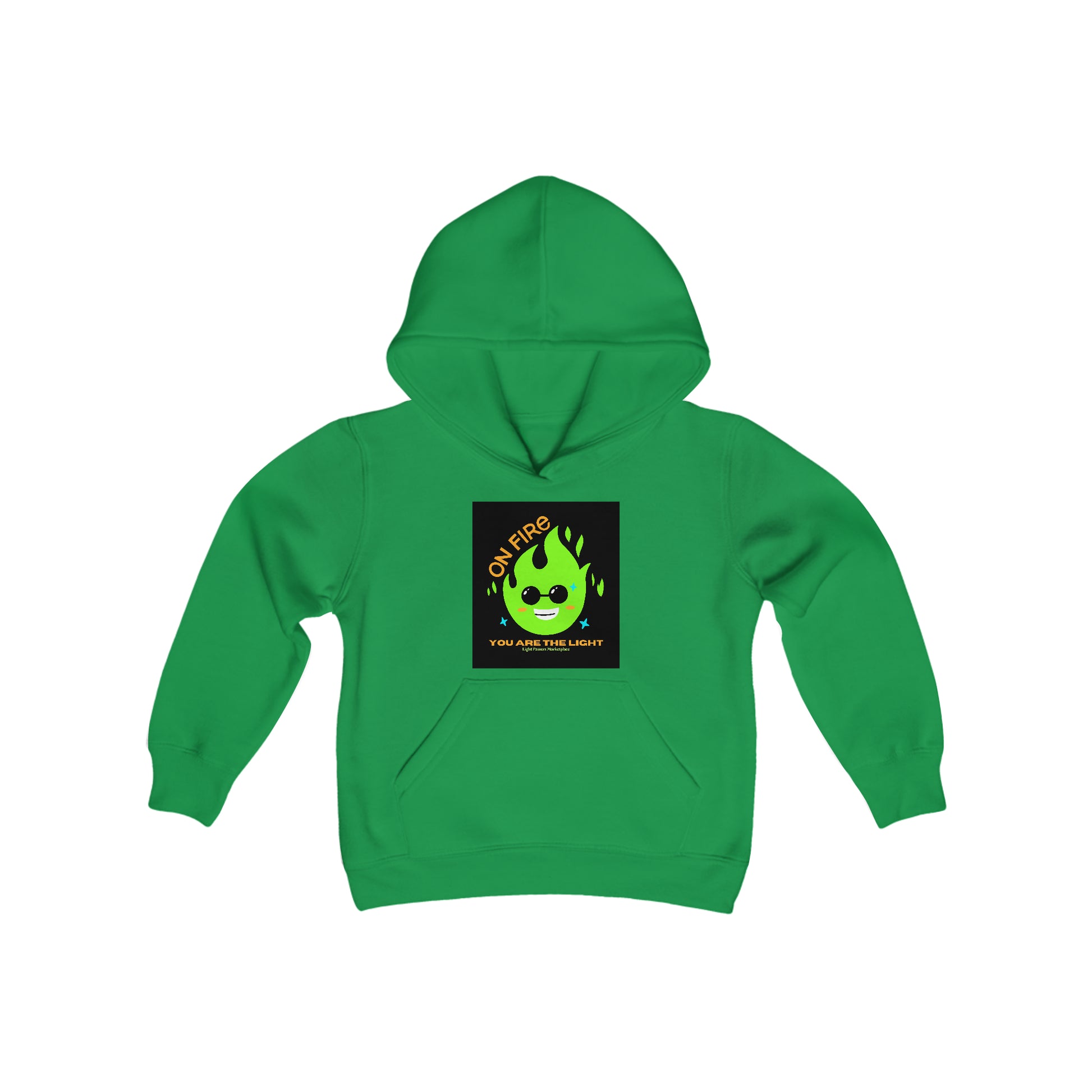 A green youth blend hooded sweatshirt featuring a cartoon face with sunglasses. Made of soft, preshrunk fleece with a kangaroo pocket and twill taping.