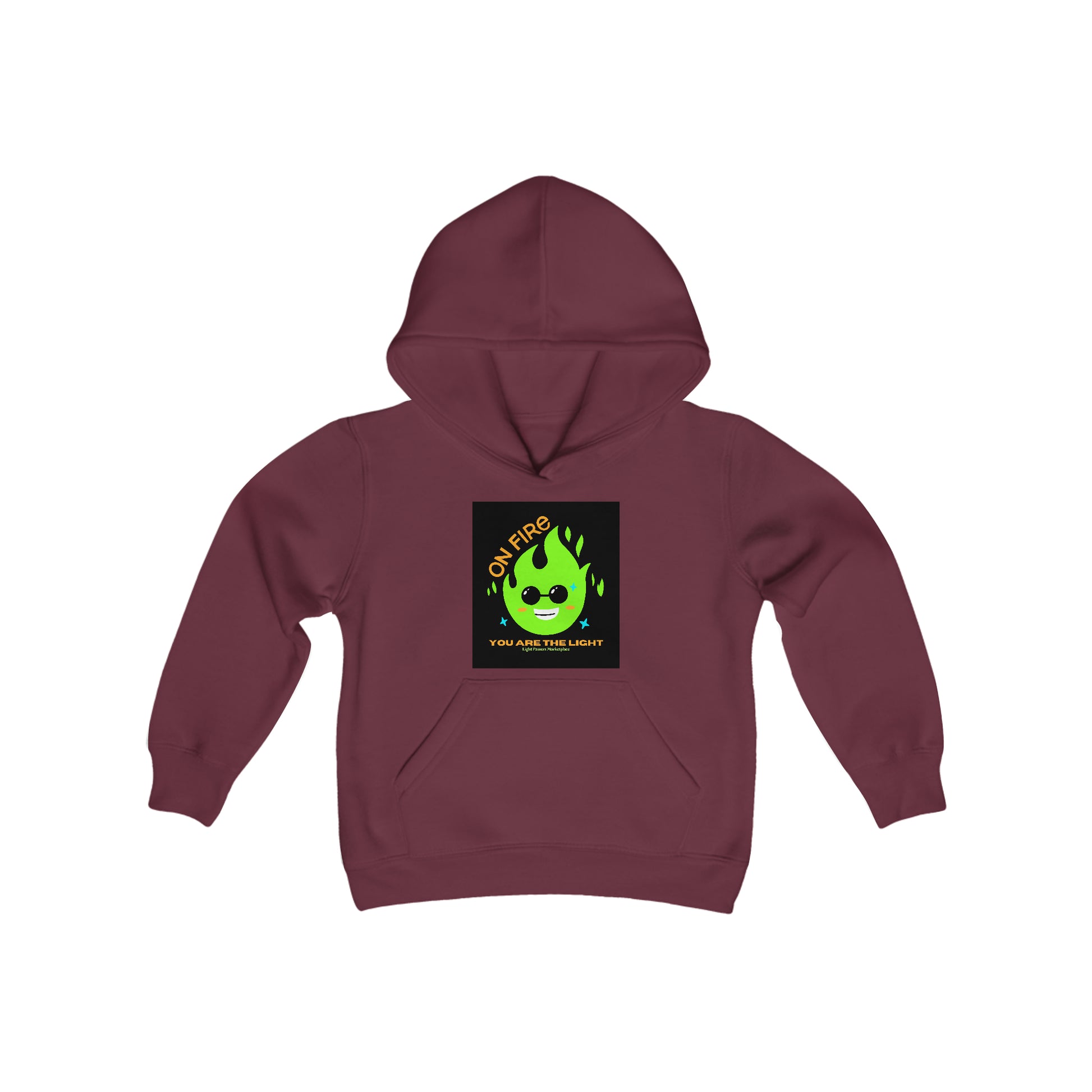 Youth hooded sweatshirt featuring a green flame and cartoon face design, with kangaroo pocket and twill taping. 50% cotton, 50% polyester blend, soft fleece, and regular fit.